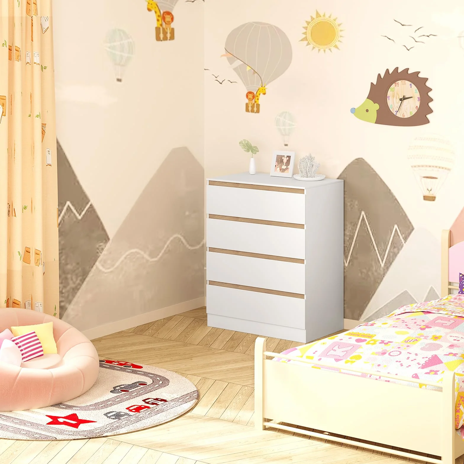 WOLTU Mobile Fasciatoio per Bambini, Cassettiera 4 Cassetti, Bianco+Rovere