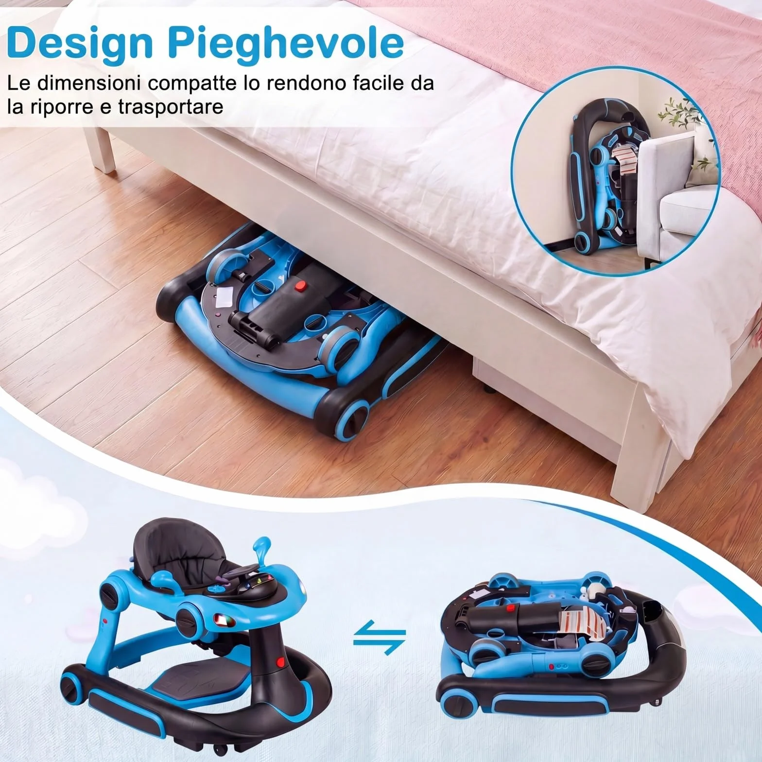 COSTWAY Girello per Bambini 6-in-1 Evolutivo, Centro Attività Pieghevole con Maniglia, Regolazione Altezza/Velocità, con Musica, Luci Tenda, per Neonati 6-18 Mesi (Nero+Blu)