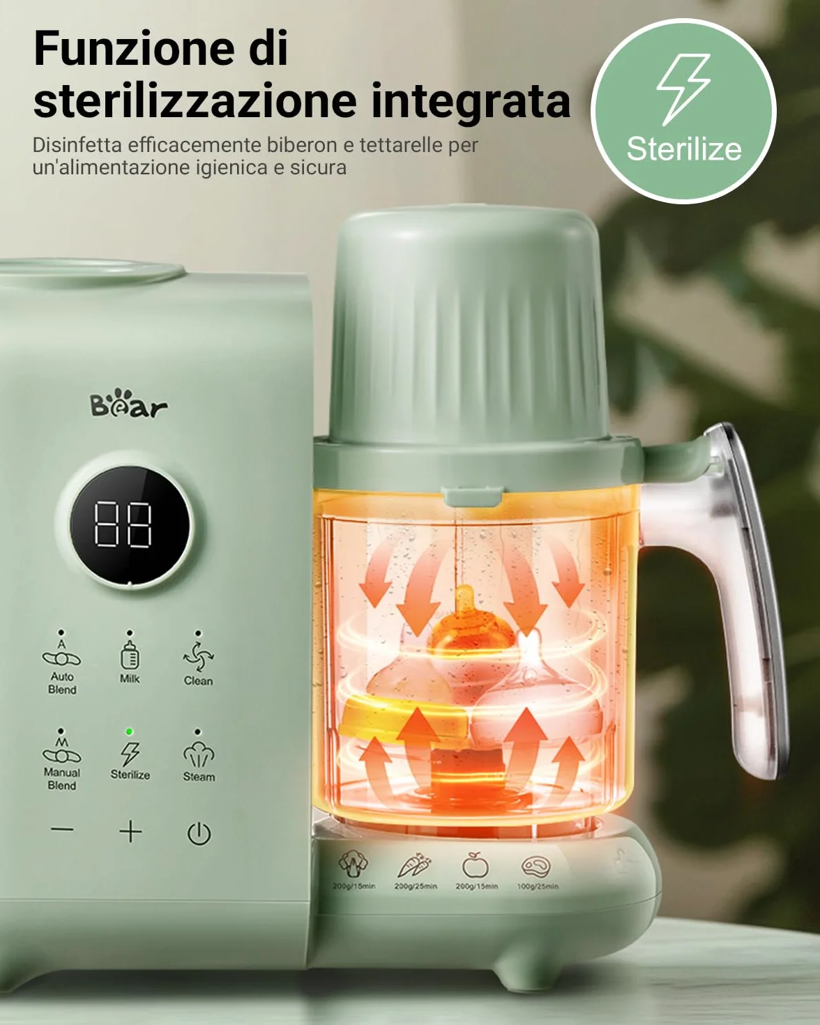 Bear Cuocipappa Mixer Multifunzione 7-in-1 per Bébé - Vapore, Mixer, Pulse, Pulizia Automatica, Sterilizzato, Riscalda, Scongela - Robot Cucina Multifunzione