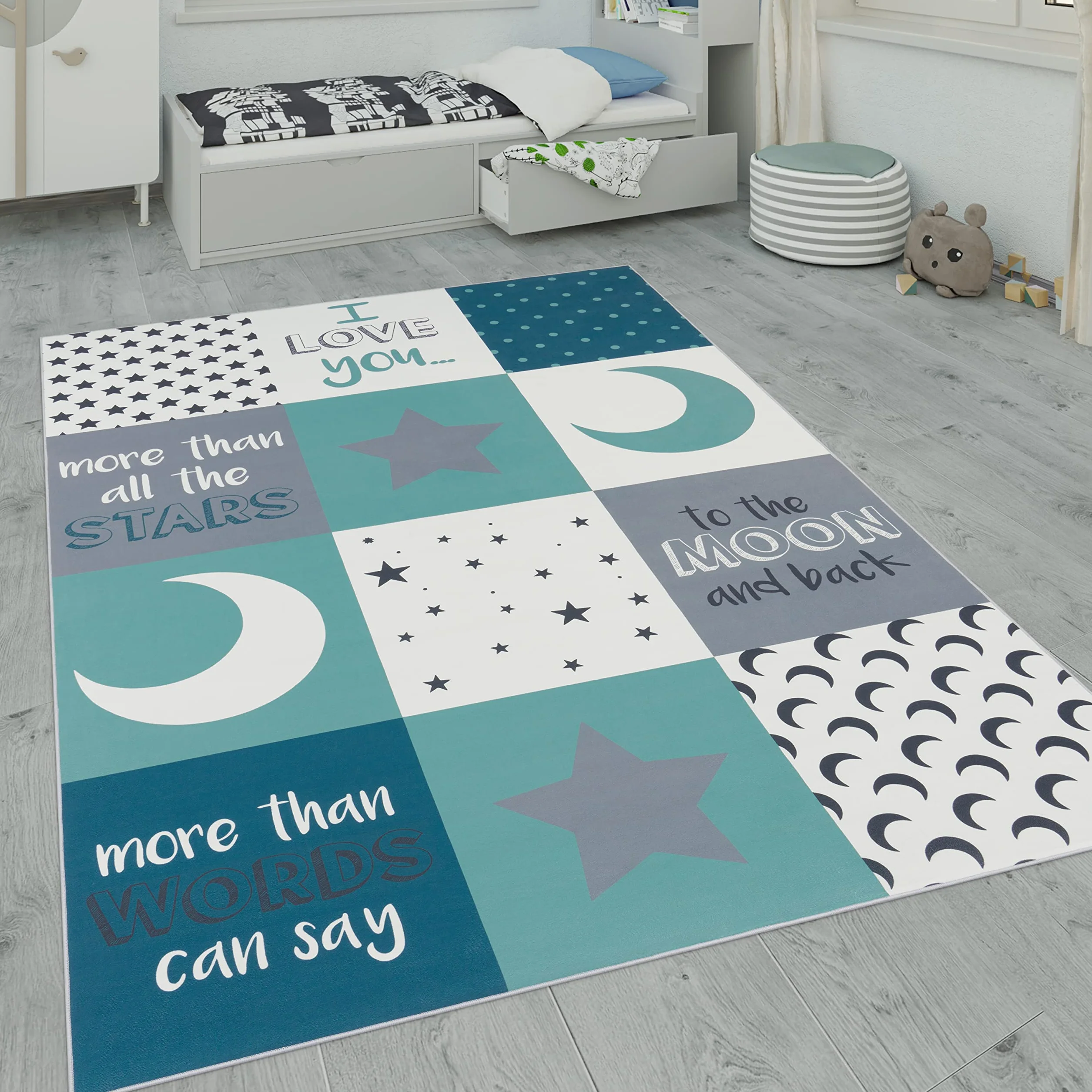 Paco Home Tappeto per i bambini, tappeto per la camera dei bambini con stelle, luna e motivi a quadri, Dimensione:140x200 cm, Colore:Turchese