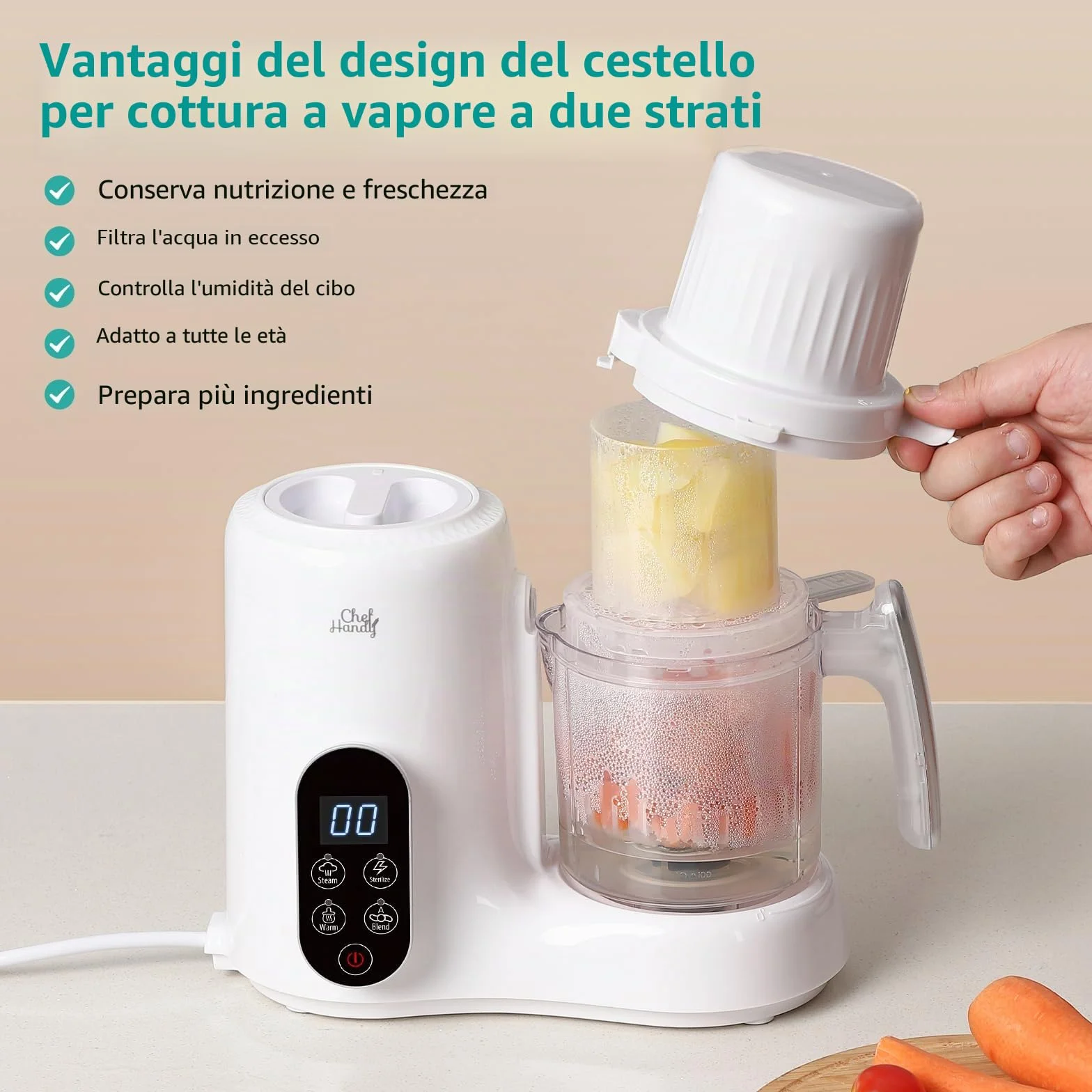 Chefhandy Preparatore 5 in 1 per Alimenti e Porridge per Bambini con Vaporizzatore, Cestello a Vapore, Miscelatore Automatico, Scaldabiberon, Schermo Touch Bianco