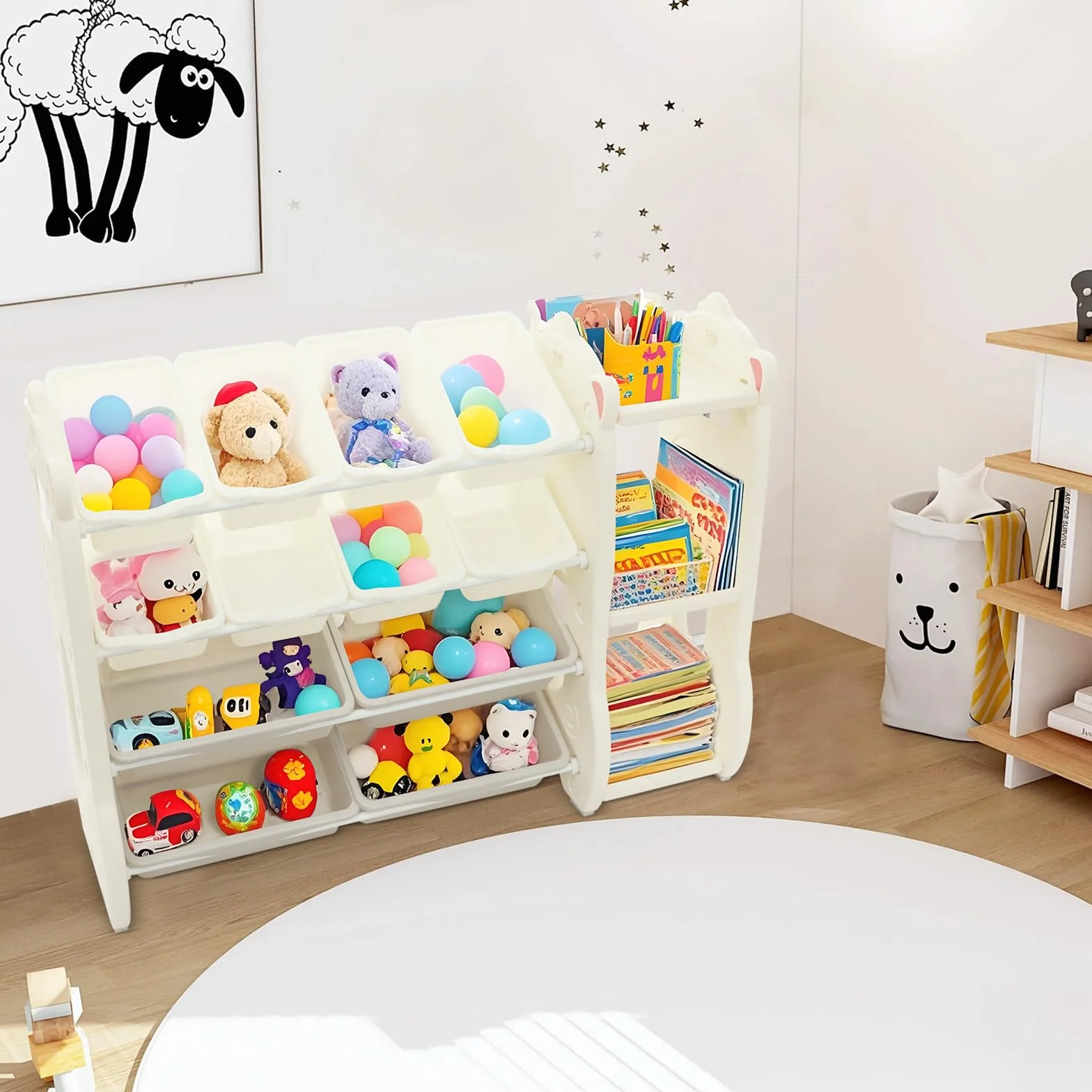 Scaffale per giocattoli per bambini con 12 vani portaoggetti, angoli arrotondati e imbottitura antiscivolo