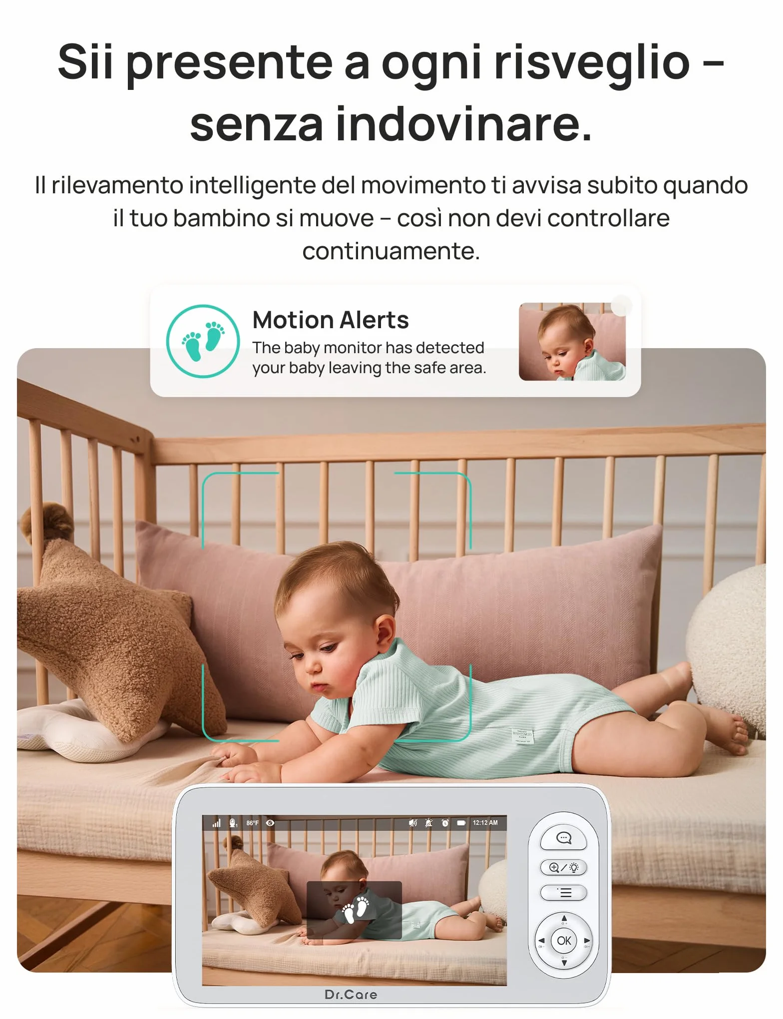 Dr.Care LumiView Plus Baby Monitor WiFi con 2 Telecamere – Schermo 5.5", Telecamera 2K, Modalità Privacy, Batteria Rimovibile 5000mAh, Luce RGB, Allarmi Pianto e Movimento, Visione Notturna HD