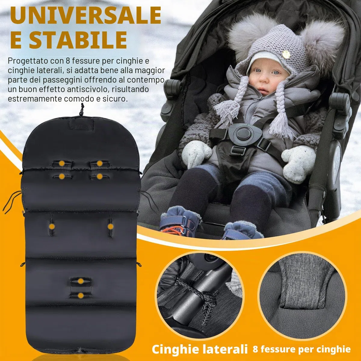 Ivywind Sacco Passeggino Universale, Inverno Sacco Invernale Passeggino con Coulisse Regolabile, Impermeabile Coprigambe Passeggino Universale con Cerniera, Lavabile e Staccabile, Caldo, Nero e Grigio