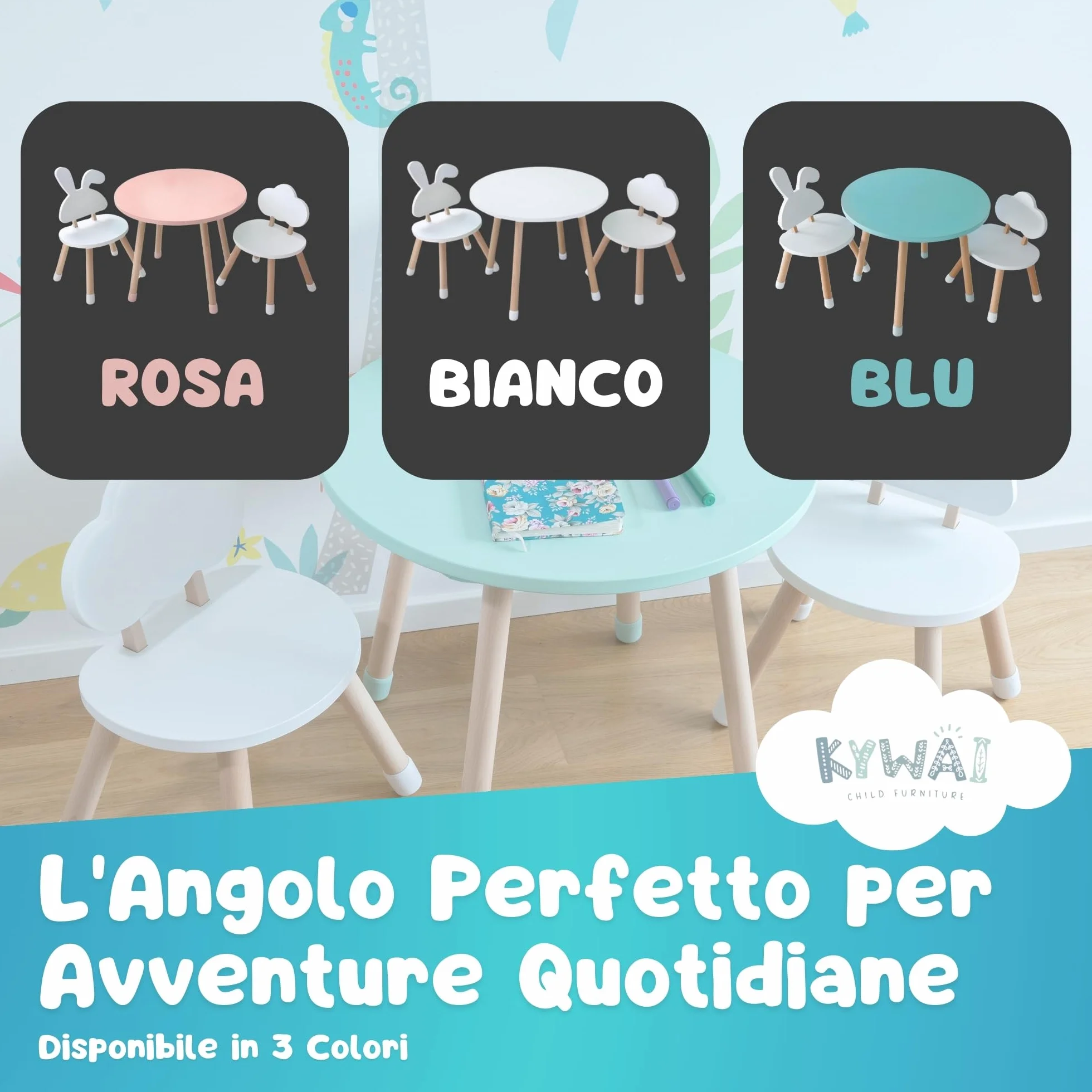 Tavolino Bambini con 2 Sedie in Legno di Pino - Tavolo e Sedie per Bambini