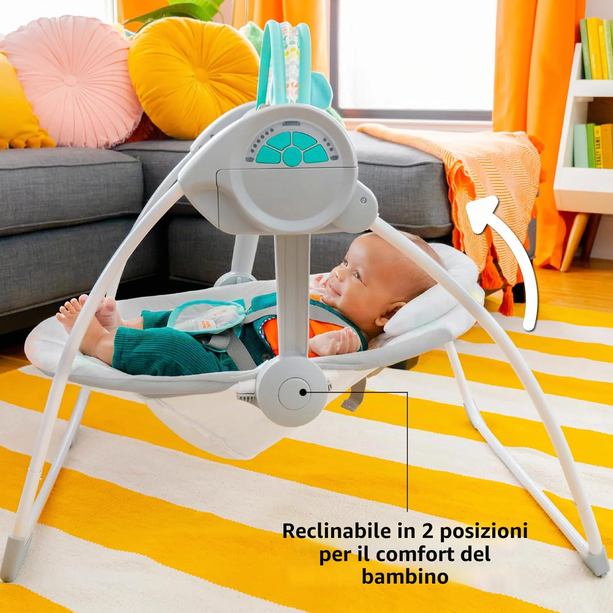 Bright Starts Altalena Automatica Portatile a 6 Velocità per Bambini, Compatta e Pieghevole, Musica, Barra Giocattoli, 0-9 Mesi 3-9 kg (Whimsical Wild)