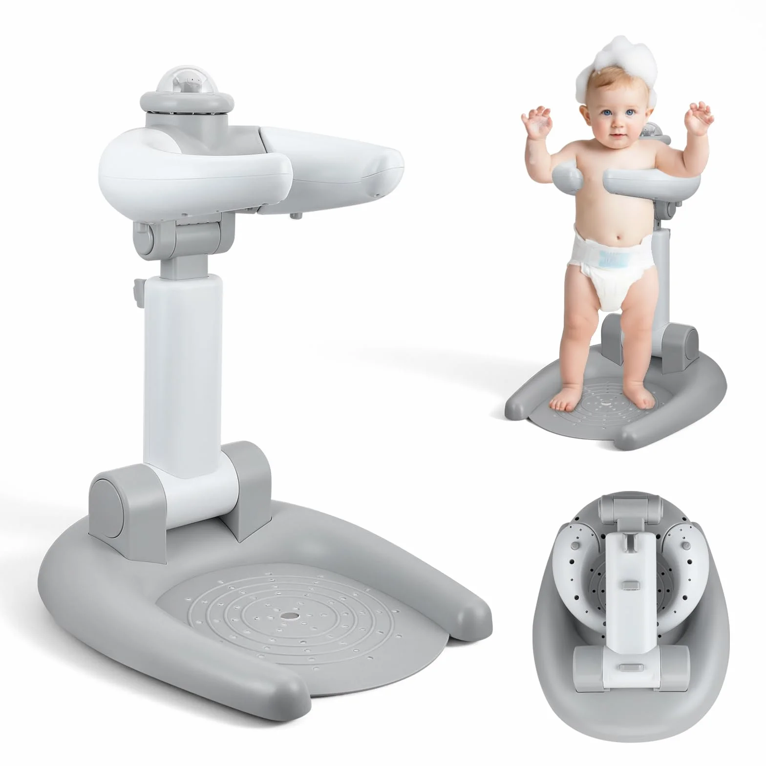 Supporto per doccia regolabile per bambini, 2 in 1, pieghevole, con sgabello