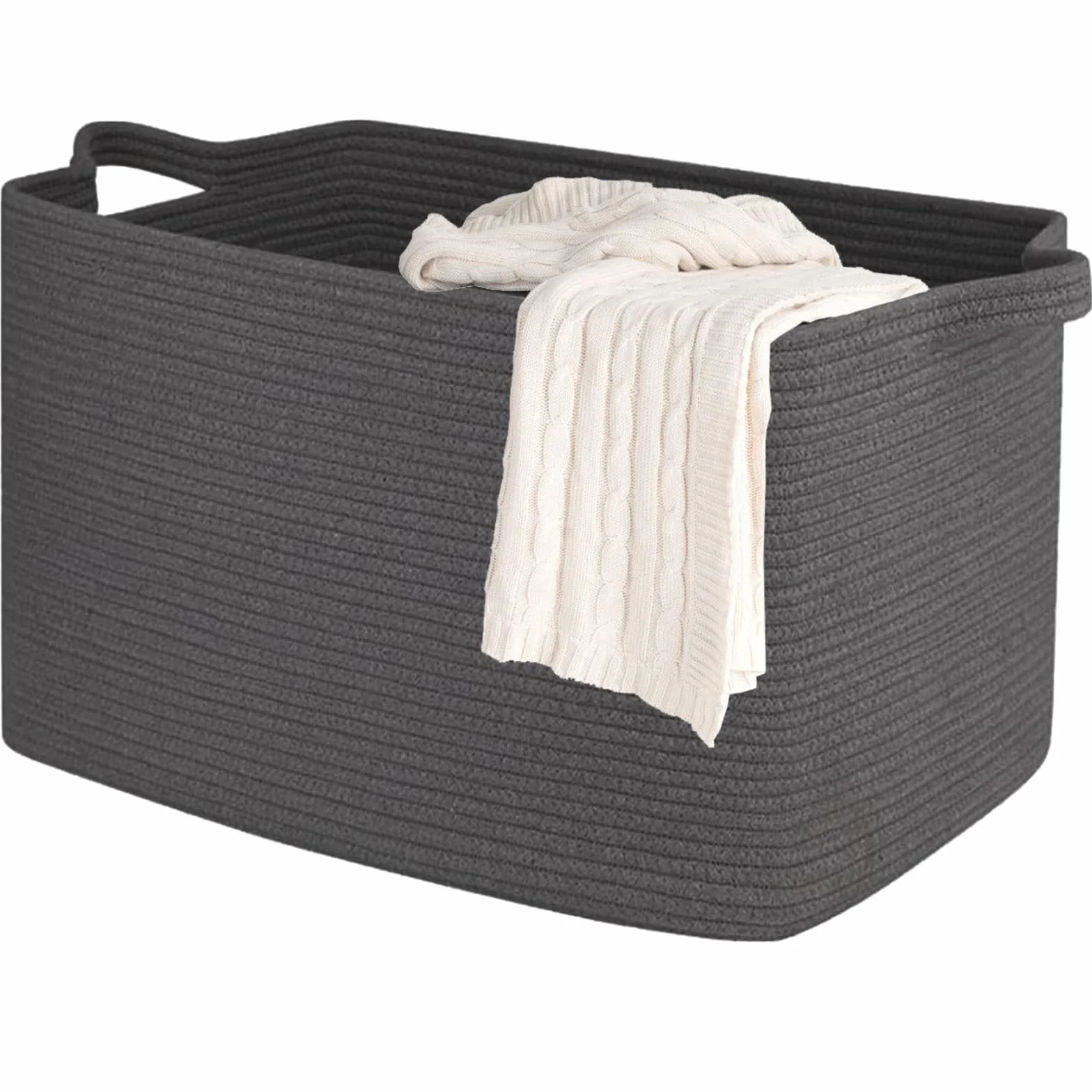 Cesto portaoggetti in corda di cotone, quadrato (84L, Grigio scuro), cesto portaoggetti per bambini con manici, grande cesto pieghevole per biancheria in corda di cotone per bagno e