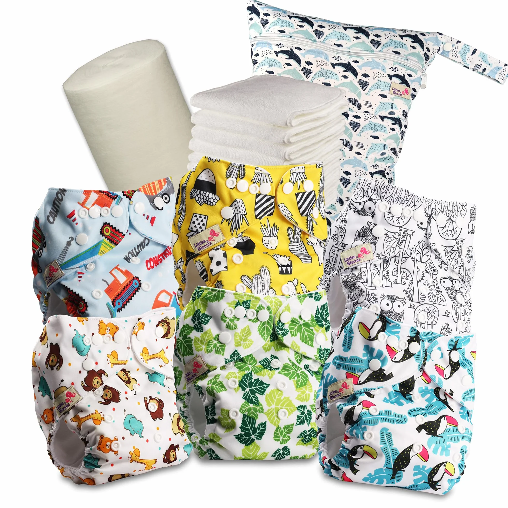 Littles & Bloomz Pannolini Lavabili Set da 6 con Inserti in Microfibra e Veli in Bambù