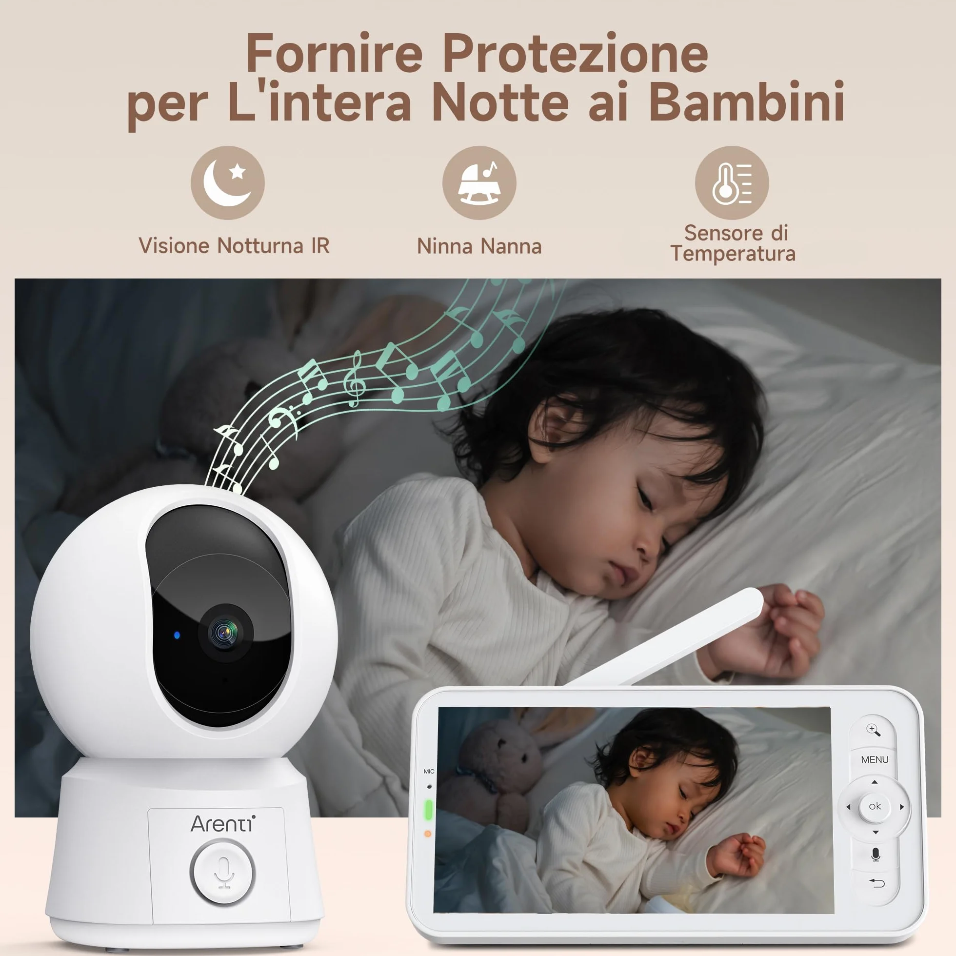 ARENTI Monitor Neonato con Videocamera Wifi 5" 360° PTZ 3350mAh Visione Notturna VOX Rilevamento Temperatura