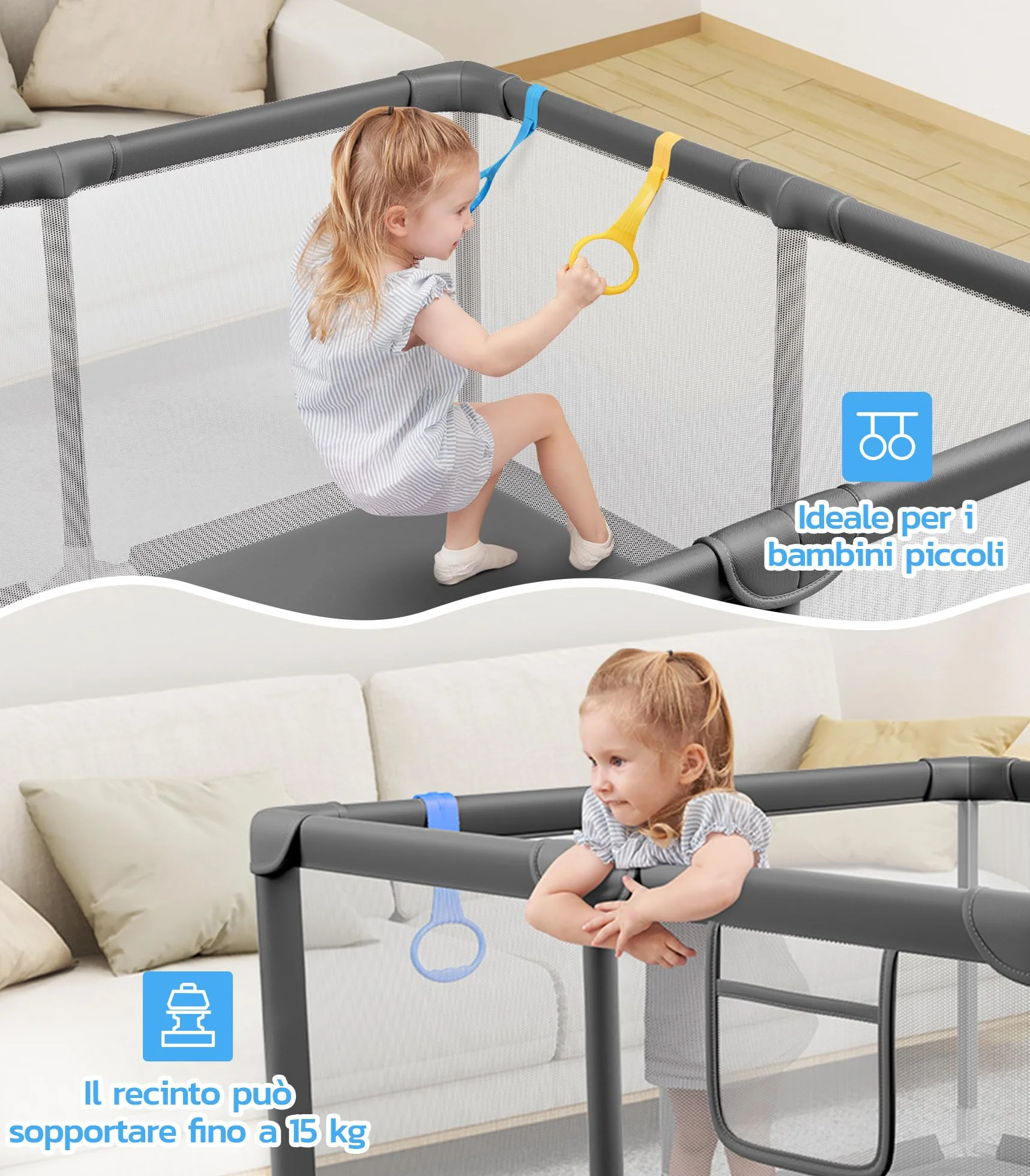 Dripex Box per Bambini Recinto Neonato 124 x 124 cm Rete Traspirante Tessuto Oxford 210D Grigio Scuro