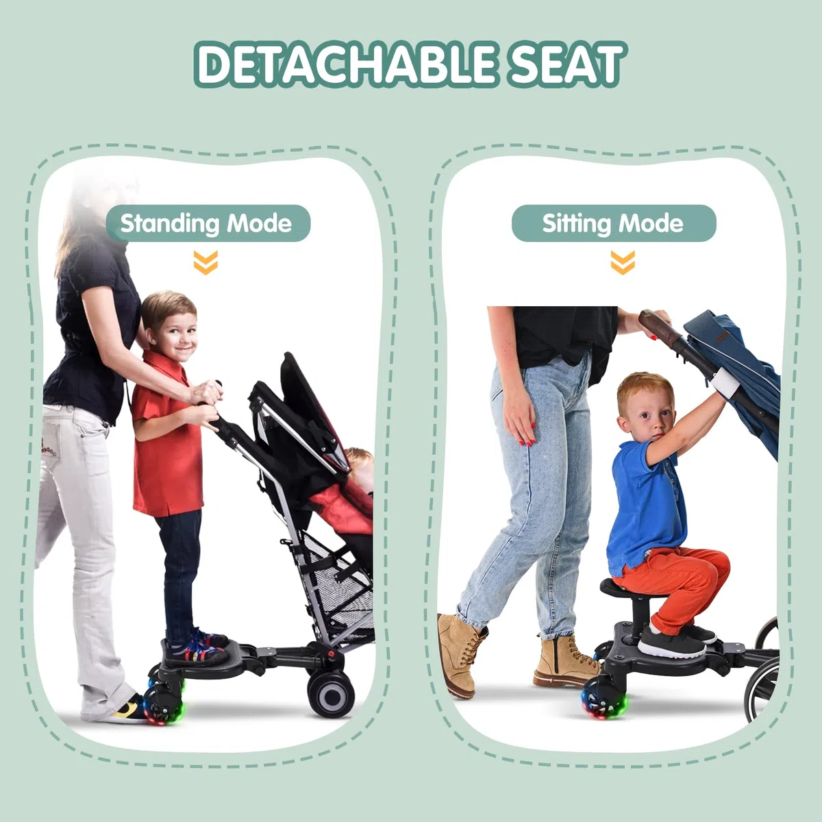 Pedana Passeggino Universale con Ruote a LED, Tavolette Portatili con Sellino per Passeggini Adatto al 99% dei passeggini, Accessorio per Passeggino per Bambini di 2-6 Anni 25 kg, Nero