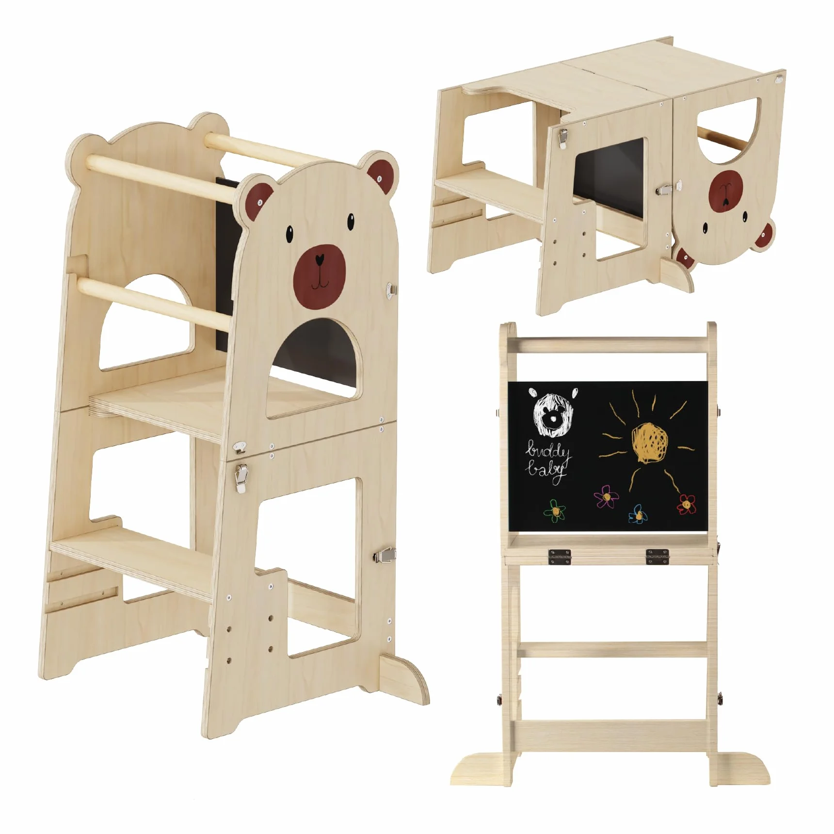 Buddy Baby Xperimenta Torre di apprendimento Montessoriana in legno trasformabile in scrivania e sgabello pieghevole per cucina con barra di sicurezza
