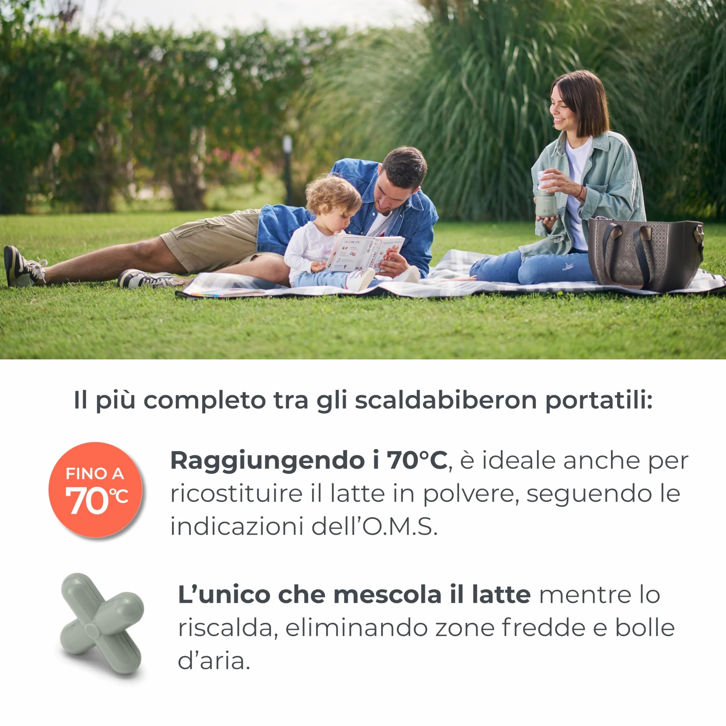 Nuvita 1164 Mix70 Scaldabiberon Portatile 70°C con Funzione Mescolamento, 5 Temperature fino a 70°C, Universale con 6 Adattatori Inclusi, Batteria Ricaricabile, Display LED, Senza BPA