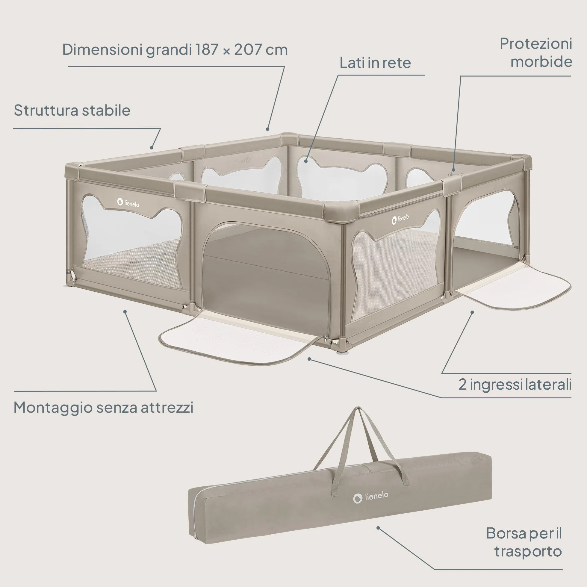 LIONELO WILLOW XL Box Pieghevole Per Bambini 0-48 Mesi Rete Traspirante 207x187 cm Beige