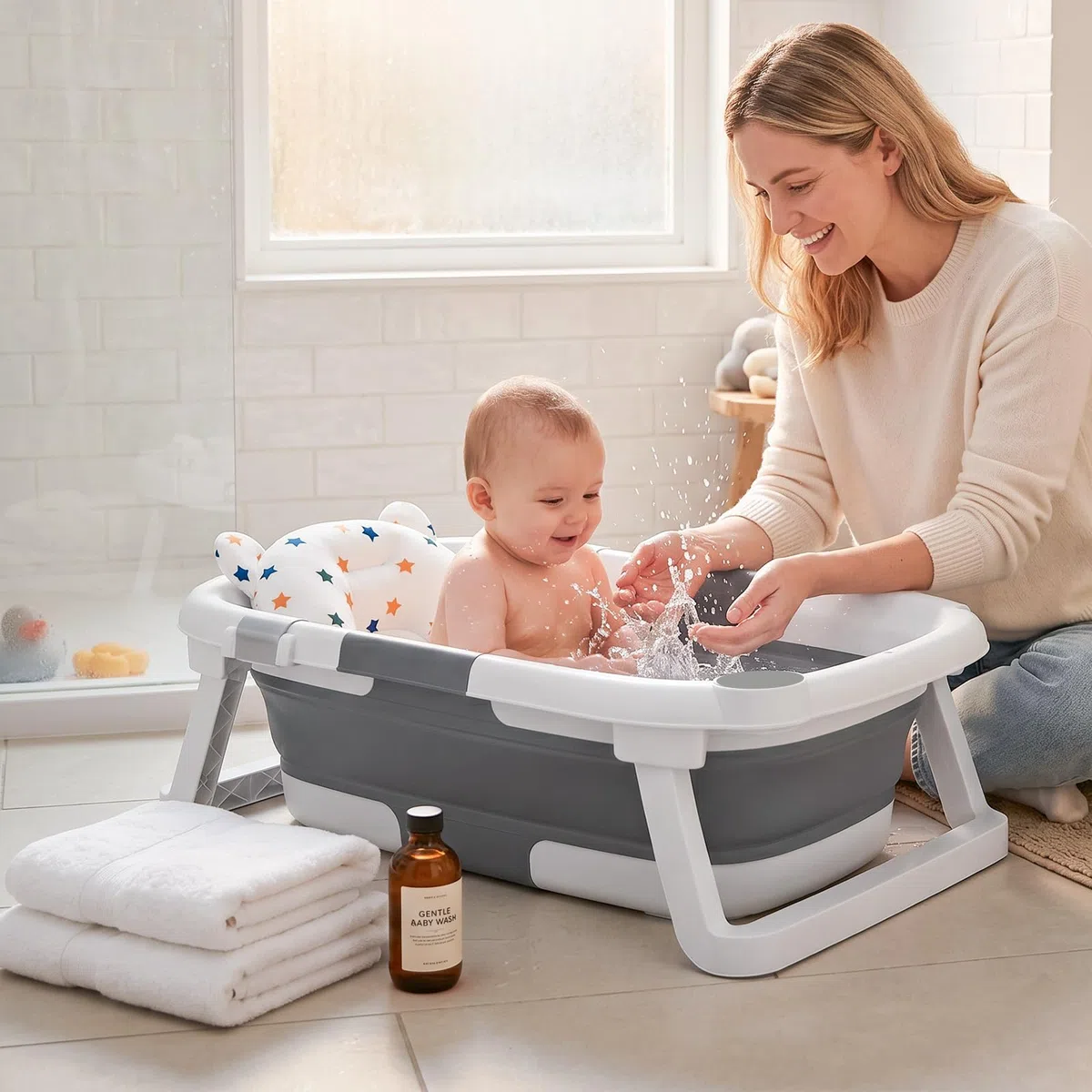 DEANIC Vasca da bagno portatile per neonati da 0 a 12 mesi, non occupa spazio, vasca per bambini (grigio)