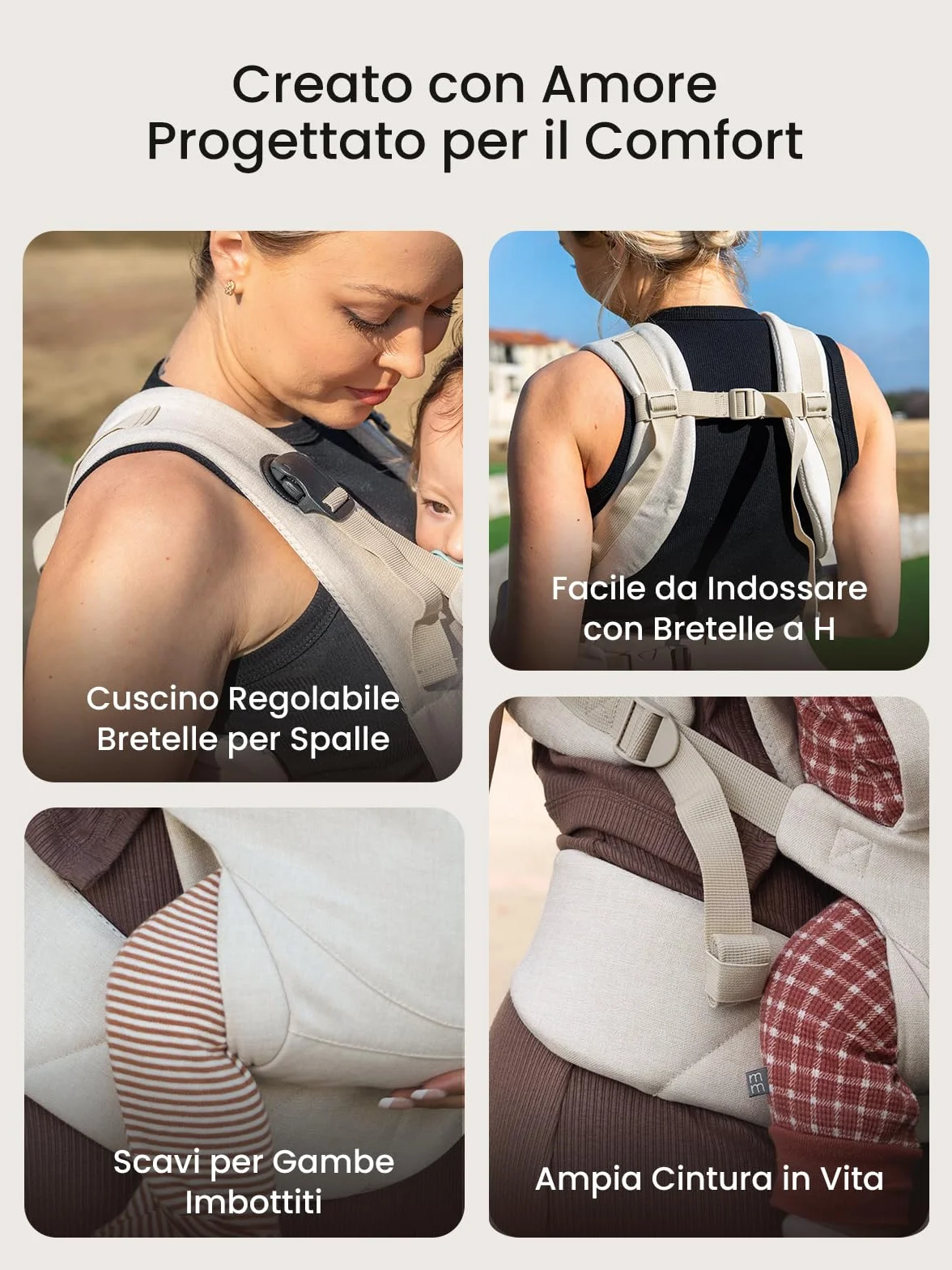 Grownsy Marsupio Neonato Ergonomico(3–20 kg, 3–24 mesi), Fibbia a Sgancio Rapido a un Tocco, Facile da Indossare, Poggiatesta, Leggero, Confortevole e Regolabile(Bianco crema)