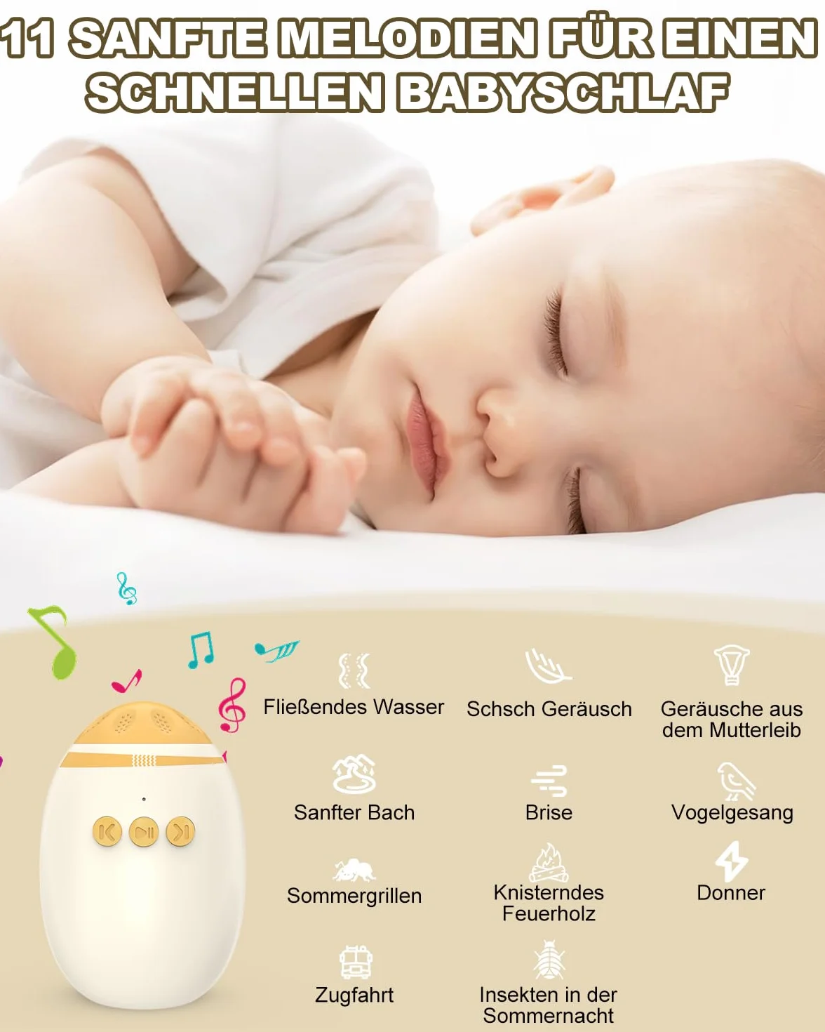 Passeggino con rumore bianco, vibratore per passeggino con 11 suoni rilassanti, supporto per dormire ricaricabile, regolazione continua, funzione portatile e Bluetooth per passeggini e passeggini