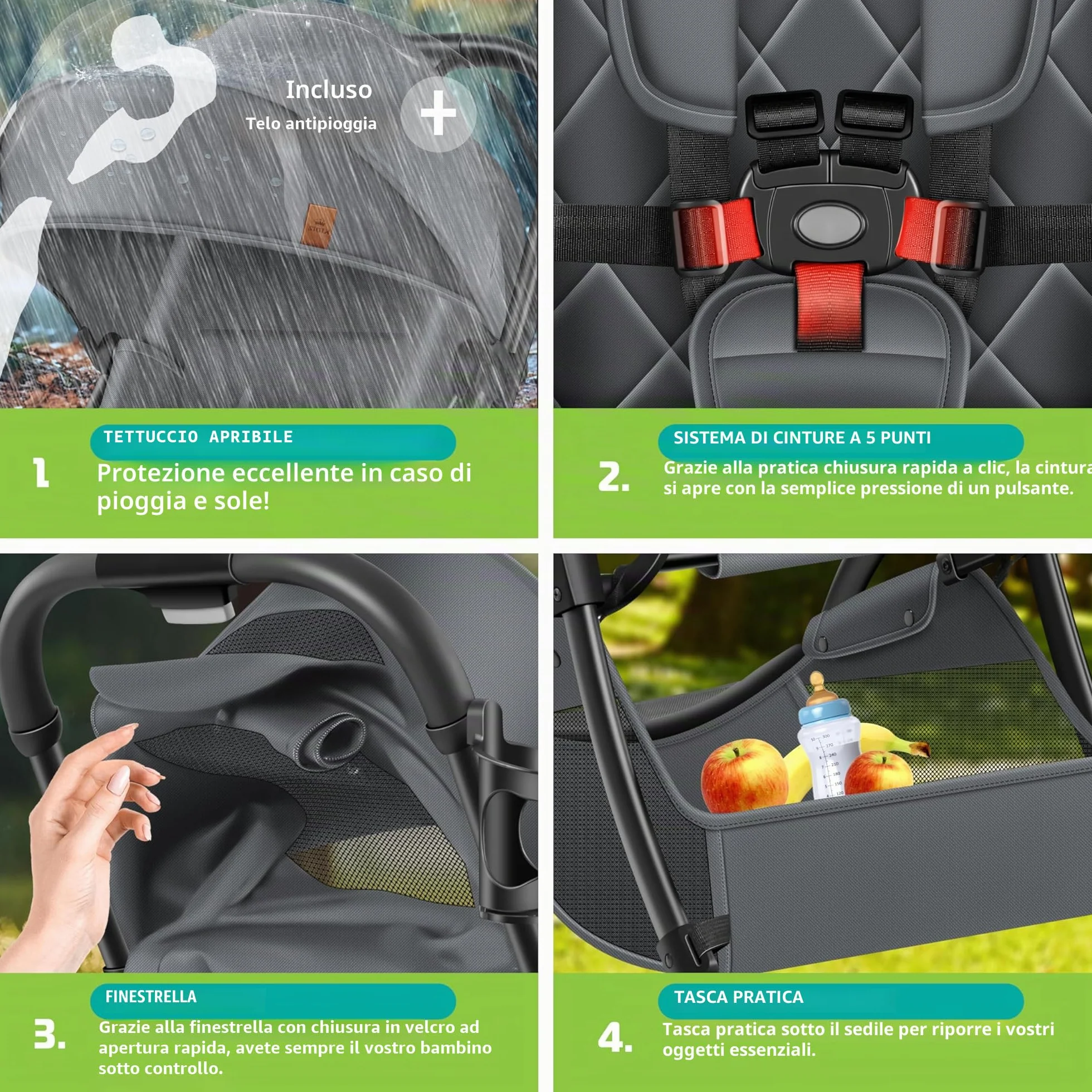 KIDIZ® Premium Passeggino Pieghevole con Ruote 360°, Imbracatura 5 Punti, Portabibite, Parapioggia, Schienale Regolabile, Capottina Parasole, Antracite