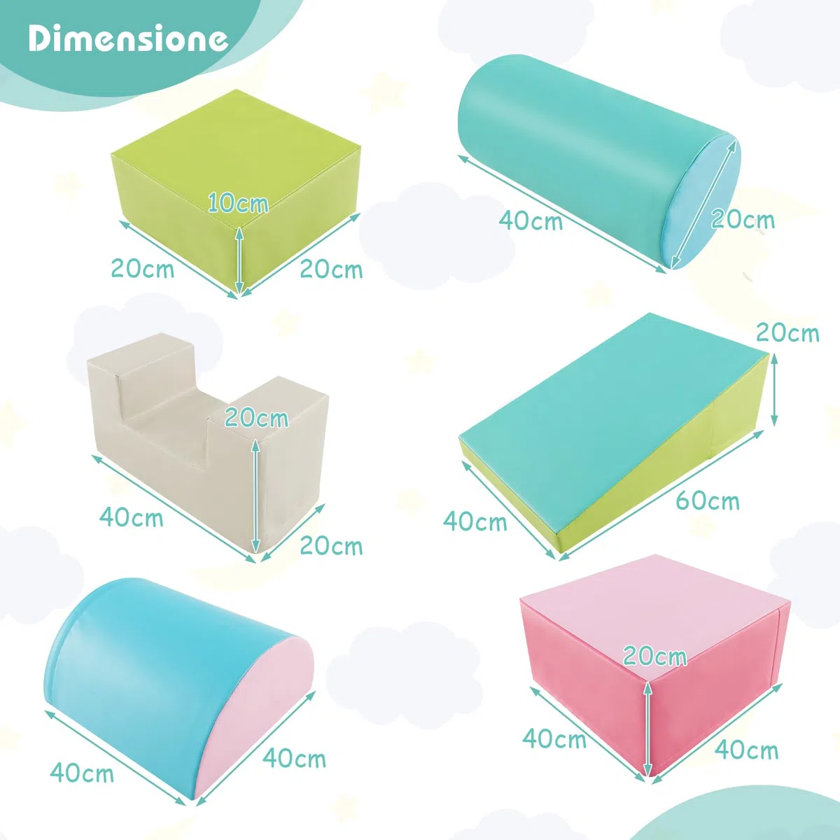 COSTWAY Set di 6 Blocchi per Bambini con Diverse Forme e Colori, Centro Attività Palestrina Giocattolo per Arrampicata e Strisciamento (Verde)
