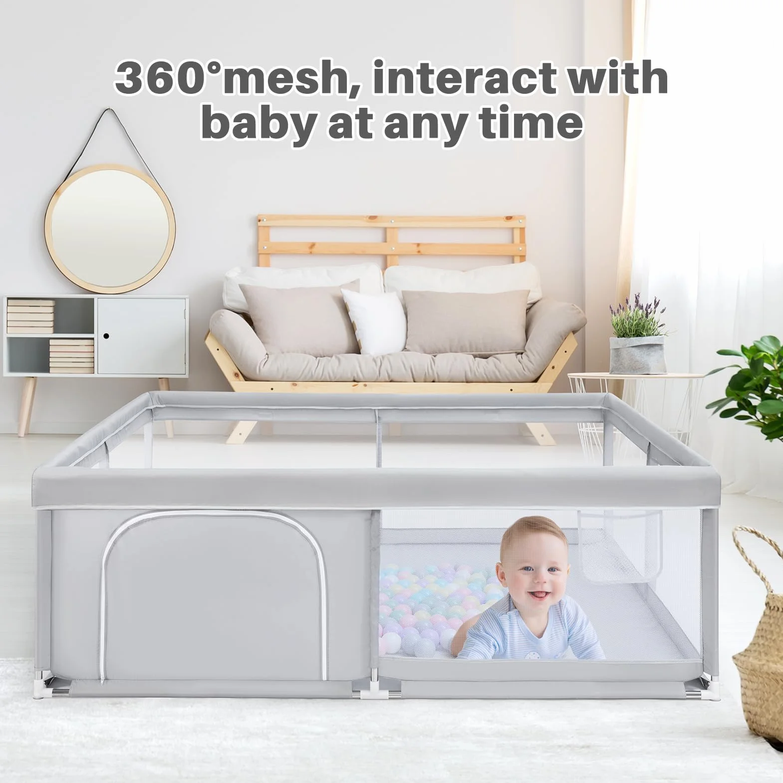BEJOY Box per Bambini, 150 cm Compatto e Resistente, Protezione in Schiuma, Antiscivolo, Porta Rotonda con Cerniera, Rete Traspirante Trasparente Centro Attività per Neonati e Bambini Piccoli