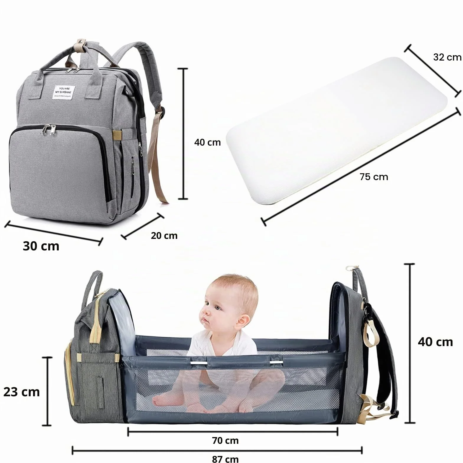 Zaino Fasciatoio Multifunzione Impermeabile con Lettino Pieghevole Borsa da Viaggio Portatile (Grigio)