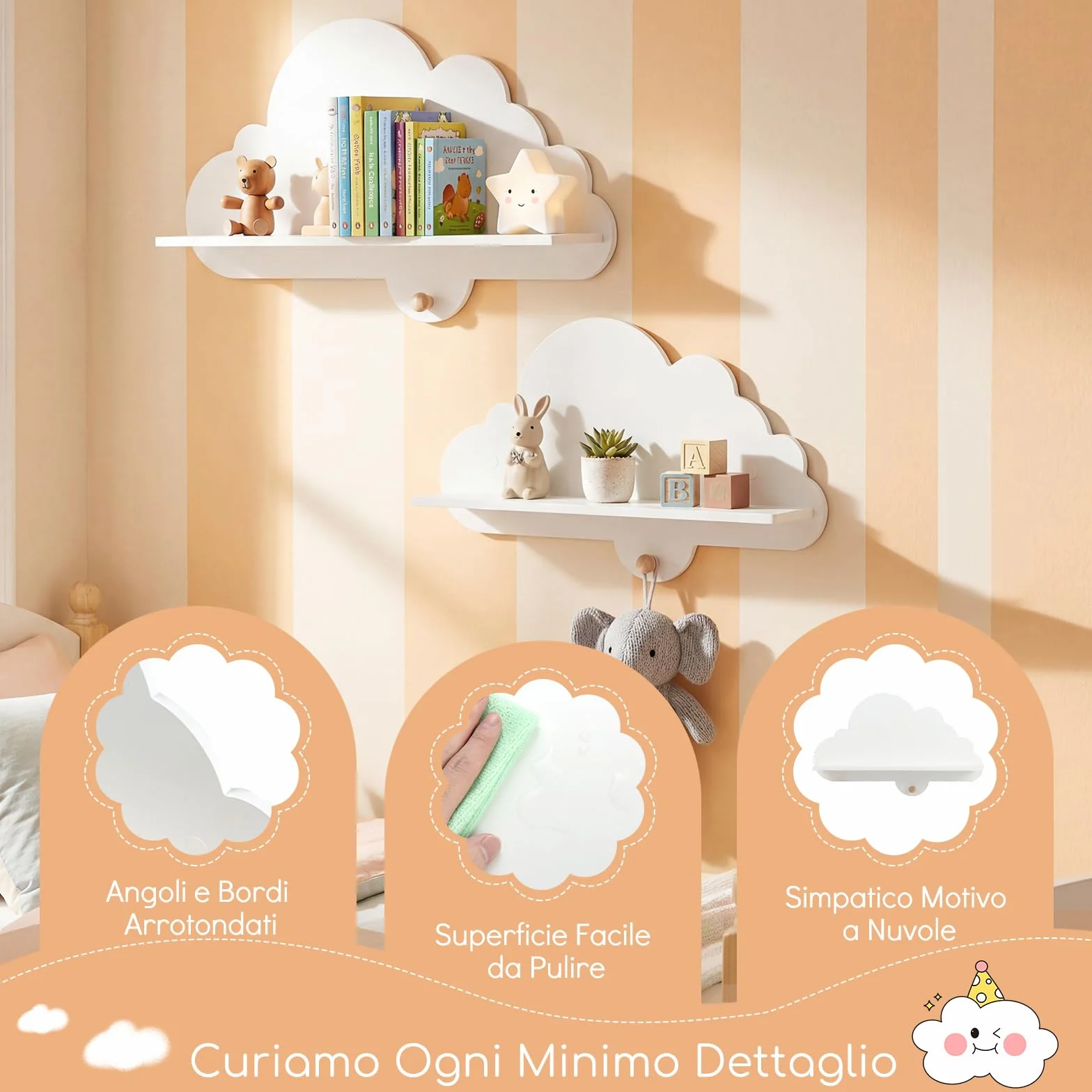 COSTWAY Set di 2 Mensole da Muro per Bambini, Libreria a Nuvole in Legno Massello con Ganci, Bianco
