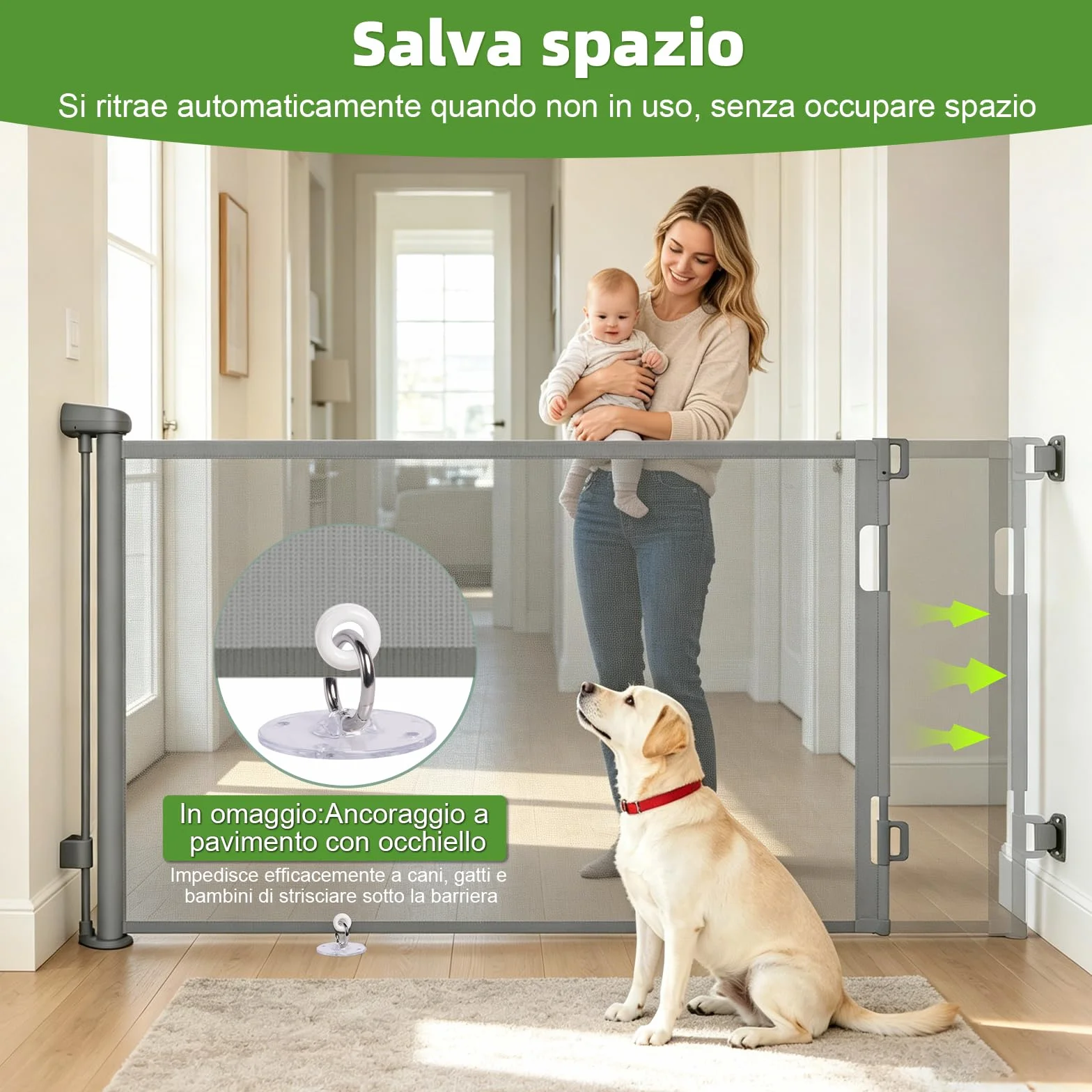 Cancelletto di Sicurezza Retrattile per Bambini 0-150 cm per Cani Scale Corridoi Interni Esterni Grigio