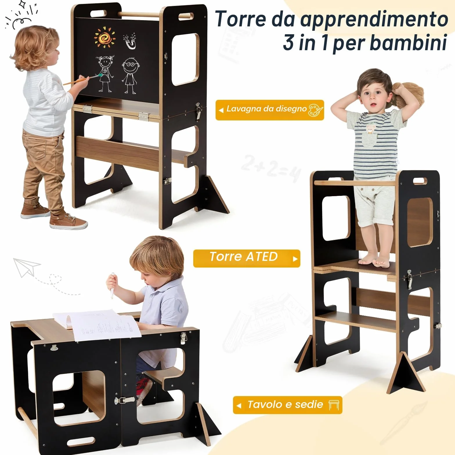 Labebe Torre di Apprendimento per Bambini Montessori 3 in 1 Pieghevole con Lavagna e Protezione Antiribaltamento Nero