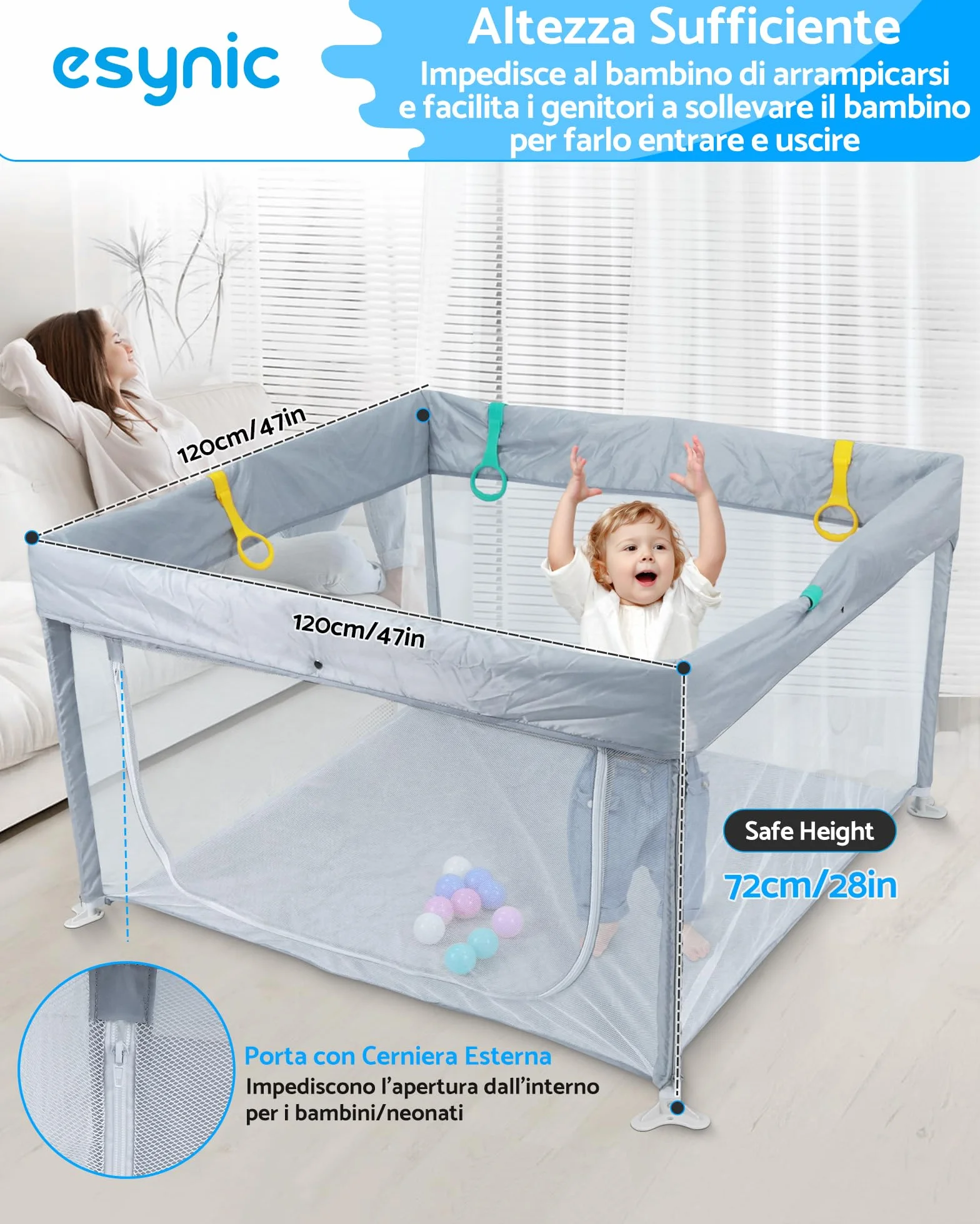 eSynic Playpen Bambini 120x120 cm Pieghevole con Pallini e Maniglie, Recinto Neonati Modulare, Porta Zip, Borsa Viaggio - Grigio