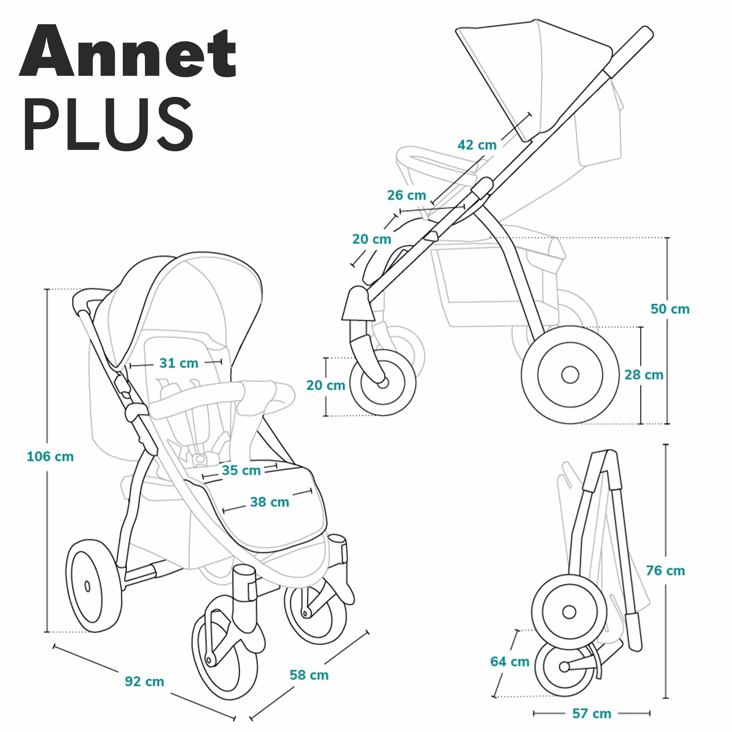 LIONELO Annet passeggino leggero pieghevole grigio regolabile 22 kg ruote EVA cappottina XXL