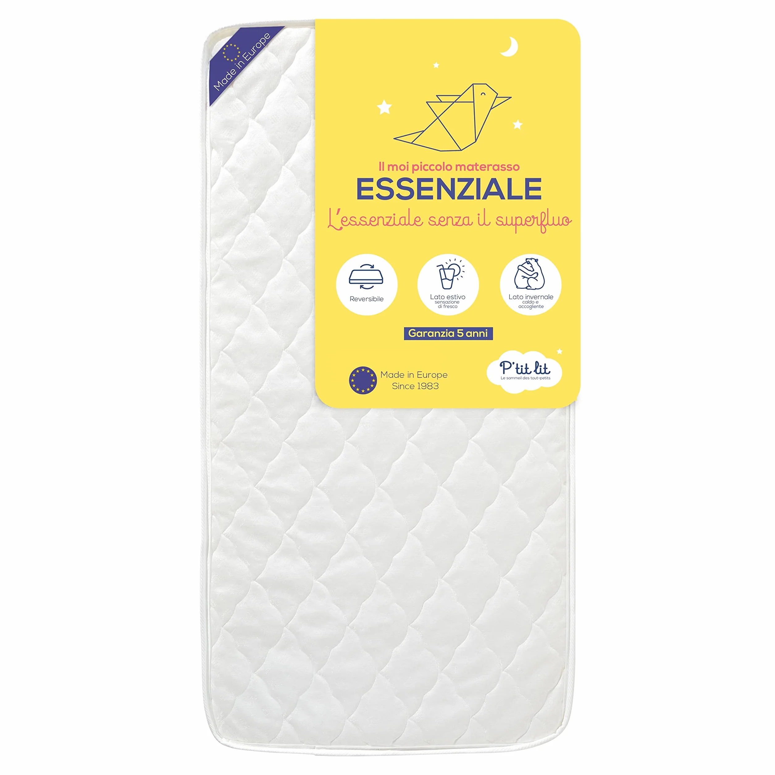 P'tit Lit - Materasso bambino Indispensabile - 60x120 cm - Climatizzato: 1 lato estivo/ 1 lato invernale - Oeko Tex® - Fabbricazione europea