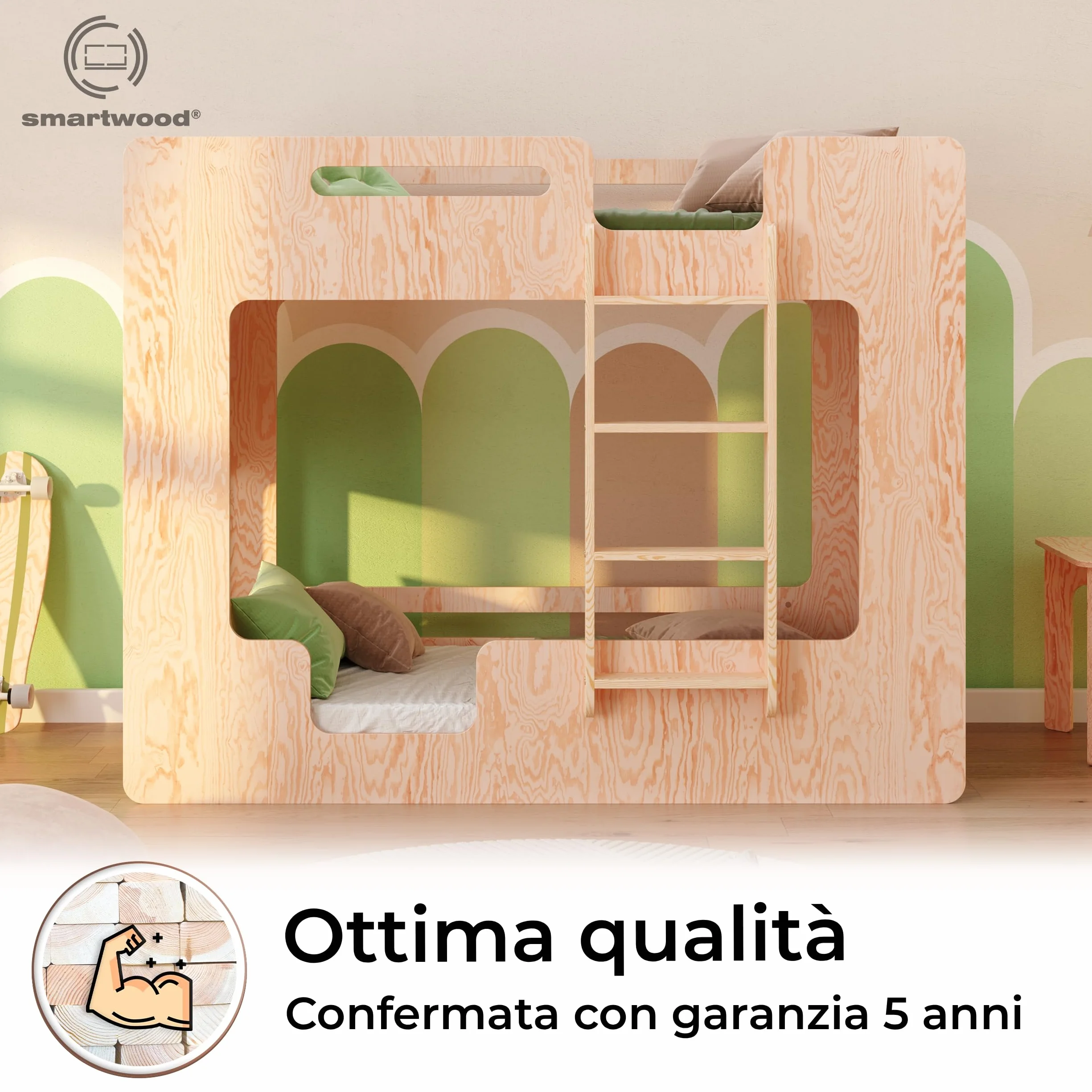 Letto a Castello 80x160 cm in Legno con Sponde di Sicurezza e Rete a Doghe - Supporta Fino a 230 kg - MIMI B