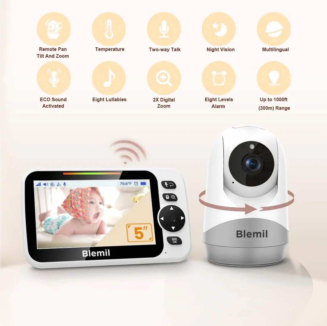 Blemil Babyphone Camera Video Monitor con telecamera e audio con batteria da 30 ore, schermo diviso da 5", telecamera con panoramica/inclinazione/zoom remoto