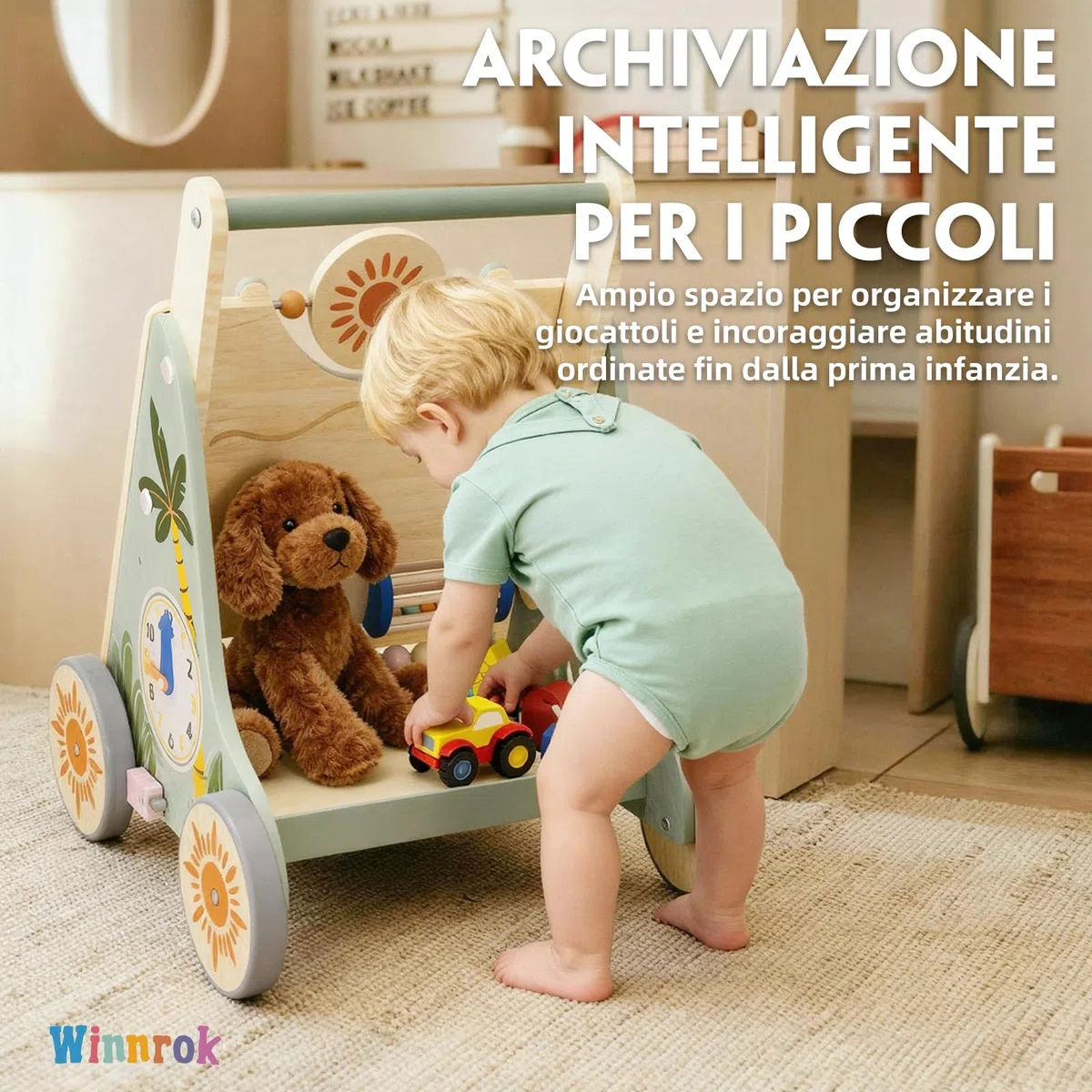 Carrello Primi Passi in Legno, Girello Montessori con Centro Attività, Girello Neonato Altezza e Velocità Regolabili, Perfetto come Regalo di Compleanno o Natale, Girello per Bambini 6-18 Mesi