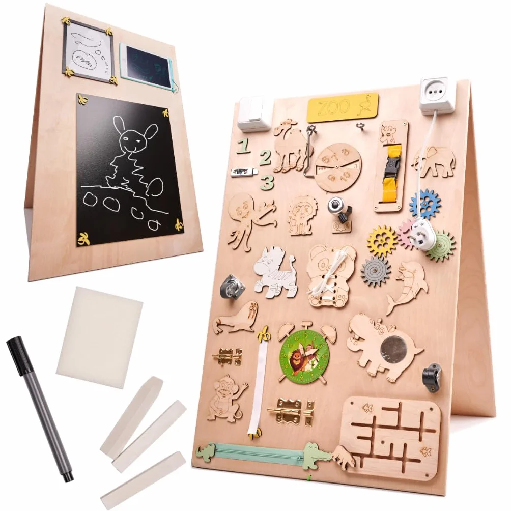 Leo - Quadro di attività sensoriale Montessori Busy Board in legno autoportante double face naturale Zoo 75 cm