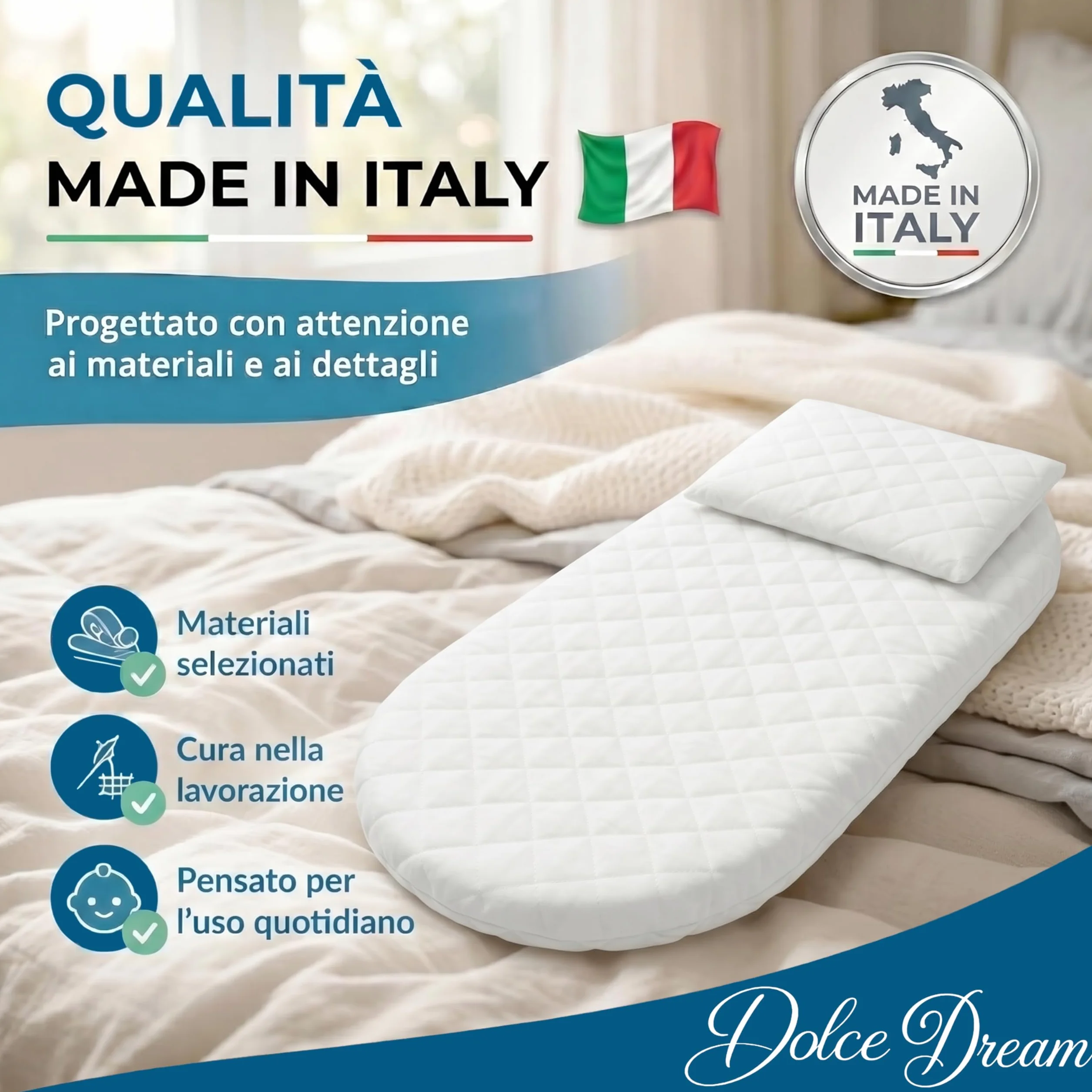 Manami® Materasso Culla e Navicella con Cuscino, Made in Italy, Cotone Trapuntato Sfoderabile, Materasso Carrozzina Traspirante per Neonato, 74x34x6 cm