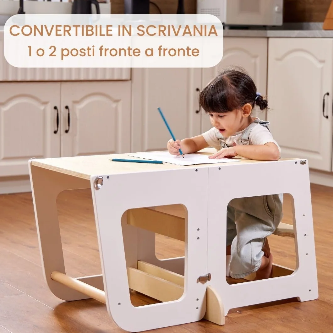 Torre Montessori per Bambini 2-in-1 Torretta Apprendimento in Legno Naturale Convertibile in Scrivania Sgabello Sicura Evolutiva 12M+ Teedum