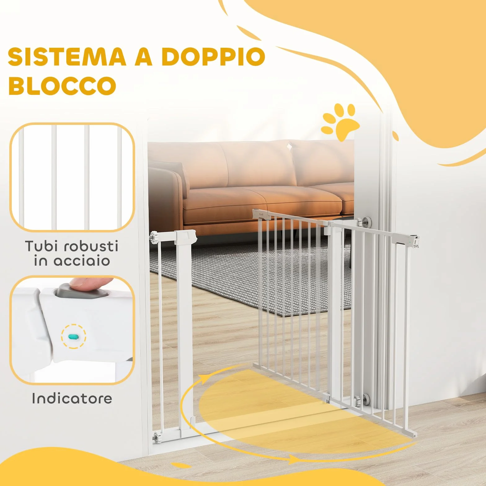 PawHut Cancelletto di Sicurezza per Cani con Fissaggio a Pressione, Cancellino per Cani Estensibile 76-97cm per Scale e Porte, Bianco