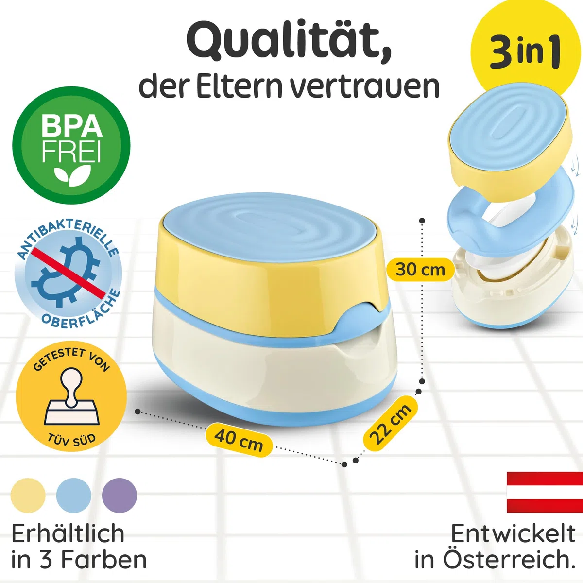 Merle Toys Vasino 3 in 1 per bambini, WC testato TÜV, senza BPA, per bambini a partire da 1 anno, WC per bambini + sgabello, Easy Cleaning, blu/giallo