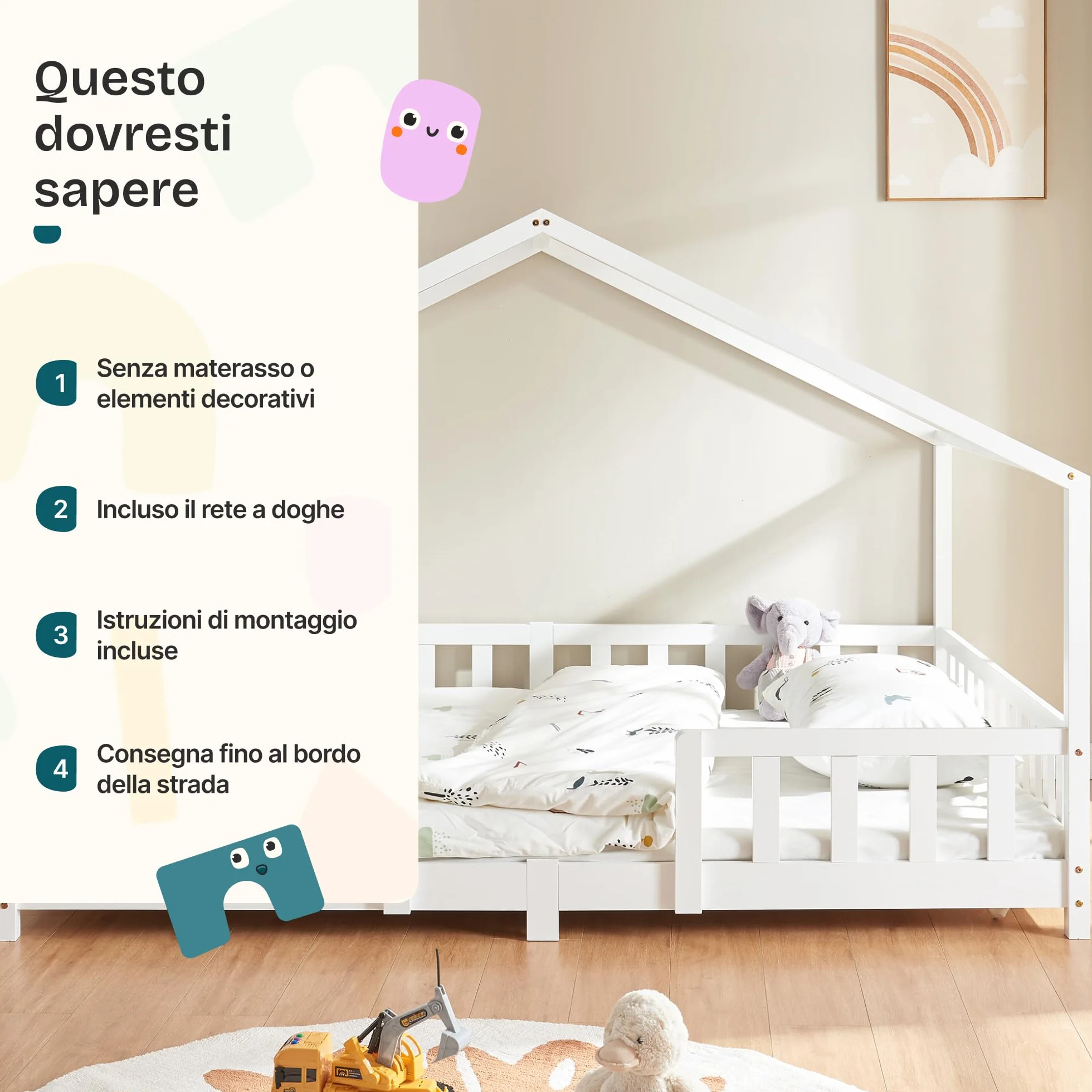 Letto a Forma di Casetta per Bambini in Legno di Pino 90x200 cm Bianco