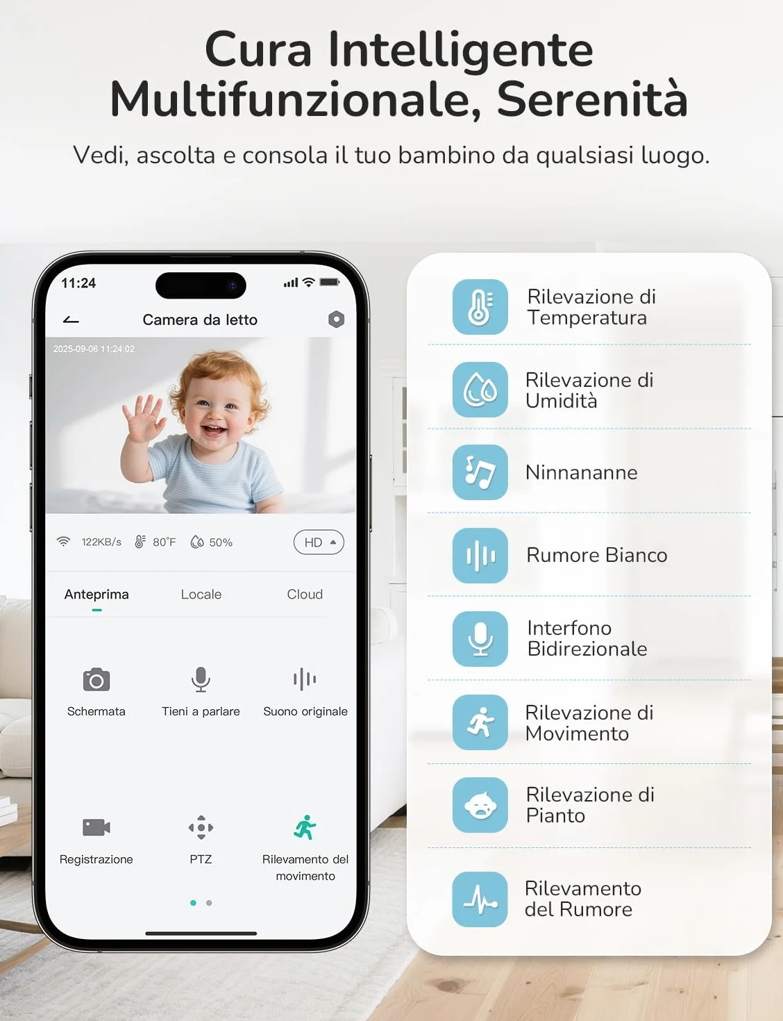 Monitor Baby WiFi con App, IPS 5'', 2K, PTZ 350°/65°, 3000mAh, Rilevamento Movimento/Pianto/Temperatura, Visione Notturna