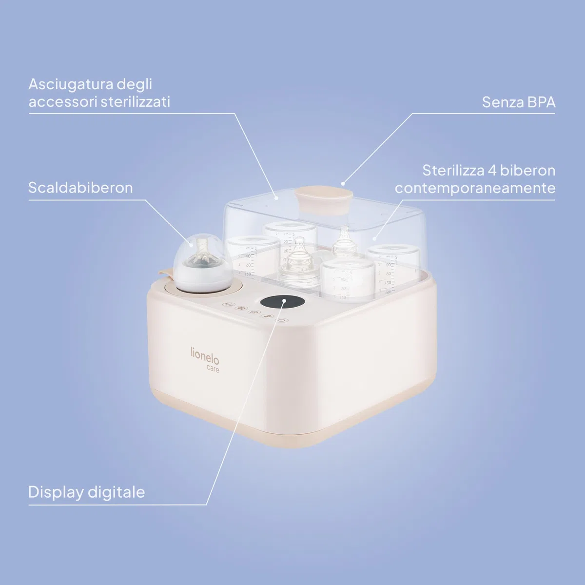 Lionelo STEAMUP Sterilizzatore Biberon 3 in 1 Elettrico, Sterilizzatore a Vapore con Asciugatura Automatica e Scaldabiberon, 99,99% Batteri, Pannello Touch, Auto Spegnimento, BPA Free, per 4 Biberon