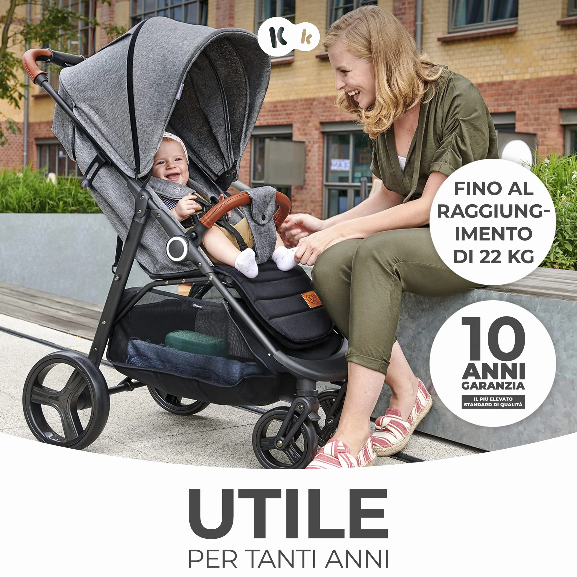 Kinderkraft GRANDE PLUS Passeggino Leggero 22 kg Pieghevole una Mano Cappottina XL Grigio