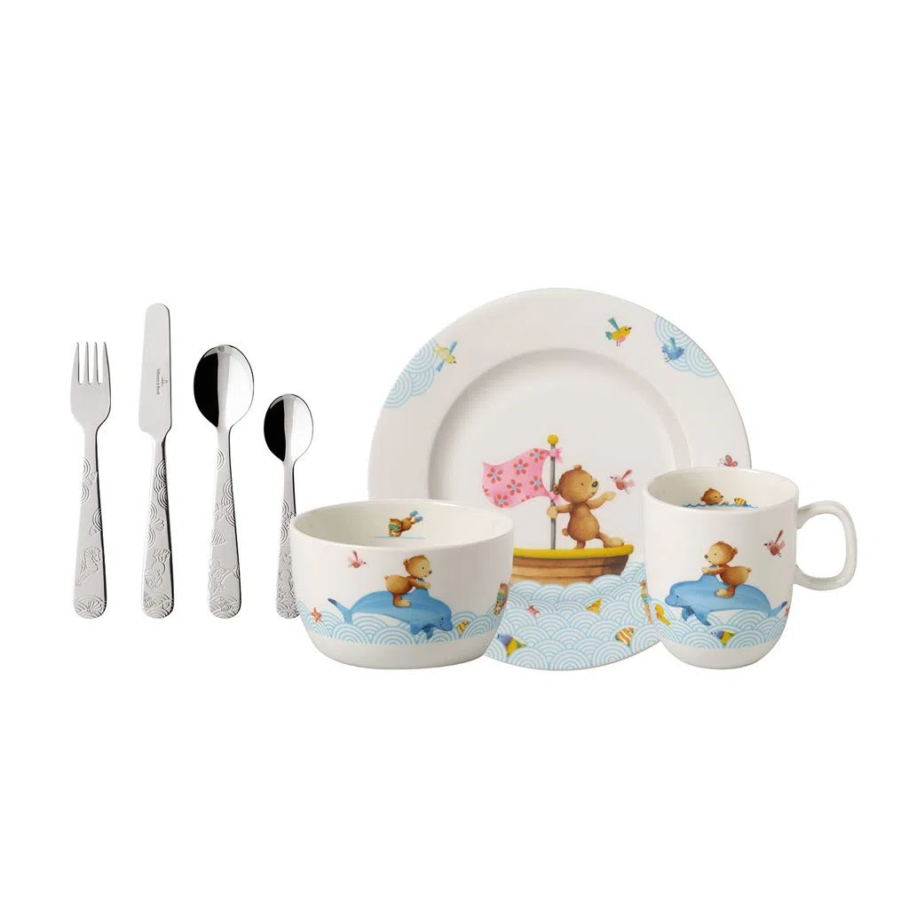 Villeroy & Boch - Kiddy Bears Set Di Stoviglie Per Bambini 7 Pz. 7 Pezzi Blu, Lavabile in Lavastoviglie, "Happy as a Bear", Piatto, Scodella, Tazze, Posate, Porcellana Premium,Acciaio Inossidabile