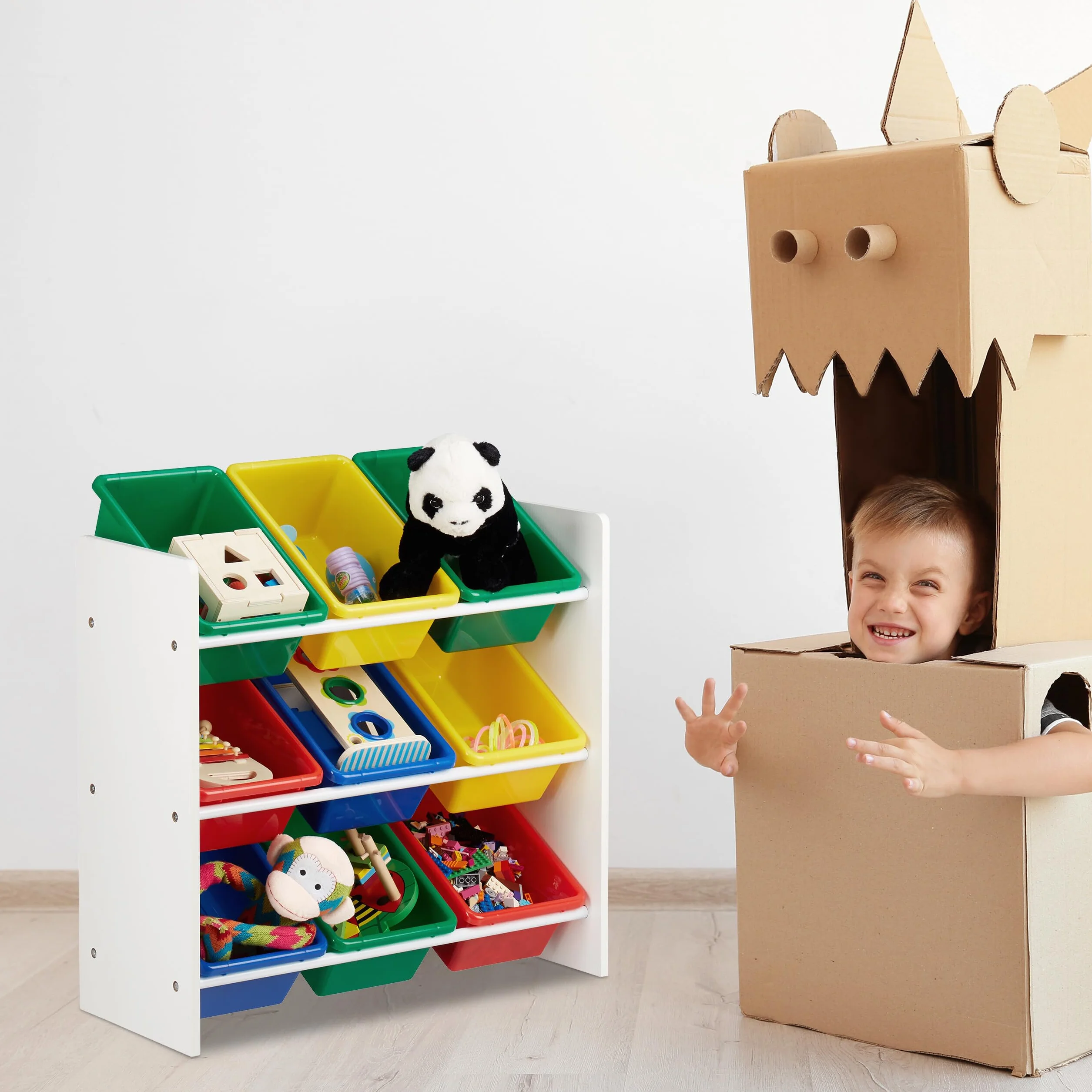 Relaxdays Scaffale per Bambini con Box Porta-Giochi, Contenitori Colorati per Giocattoli, MDF+Plastica, 88x86x31 cm