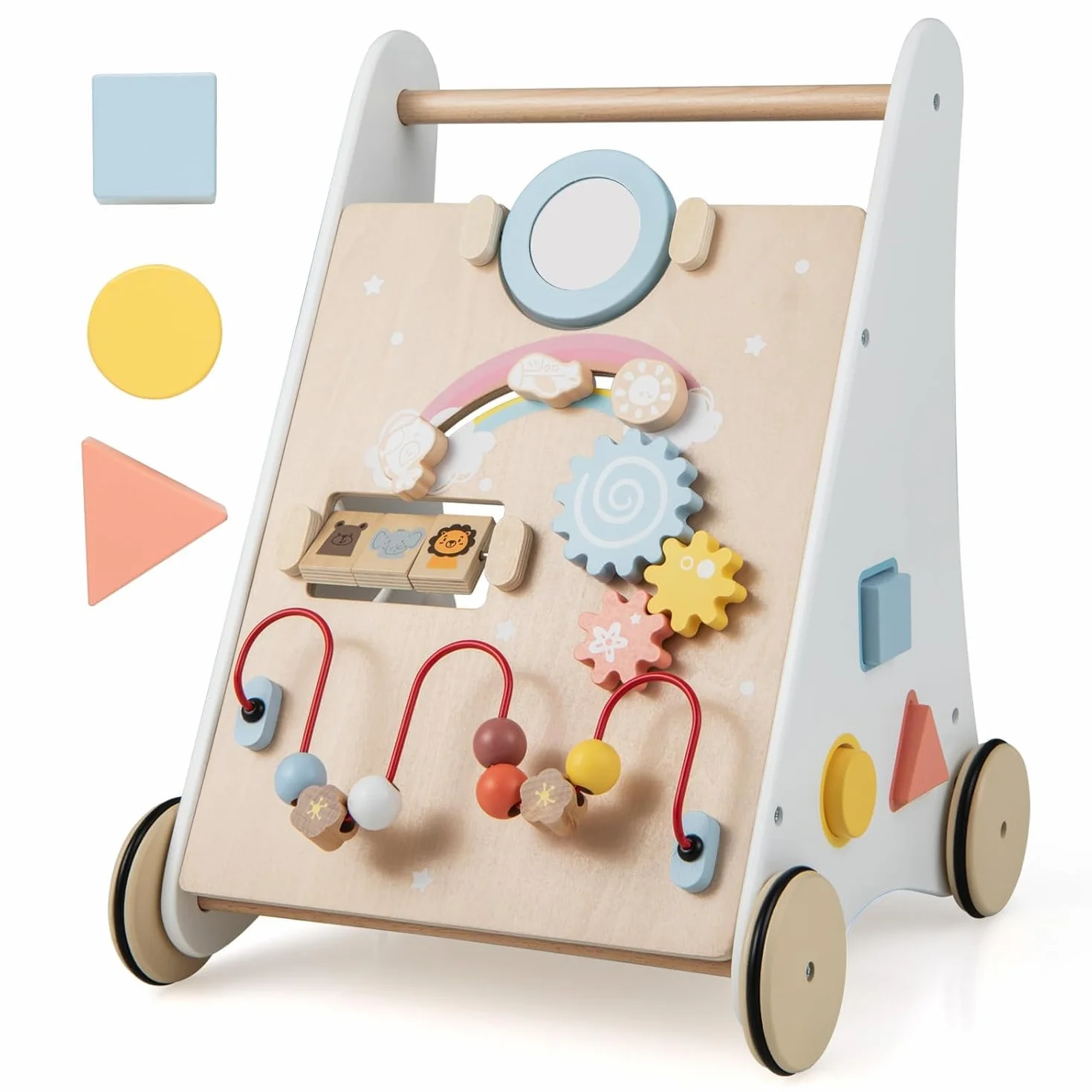 FANTASK Girello 7 in 1 in legno, carrello scorrevole con scatola di immagazzinaggio, colore bianco, girello con tavoletta, specchio e blocchi di costruzione, aiuto per bambini a partire da 1 anno