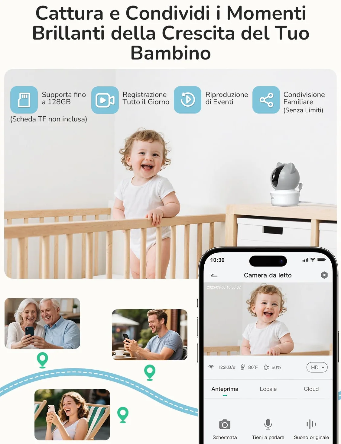 Monitor Baby WiFi con App, IPS 5'', 2K, PTZ 350°/65°, 3000mAh, Rilevamento Movimento/Pianto/Temperatura, Visione Notturna