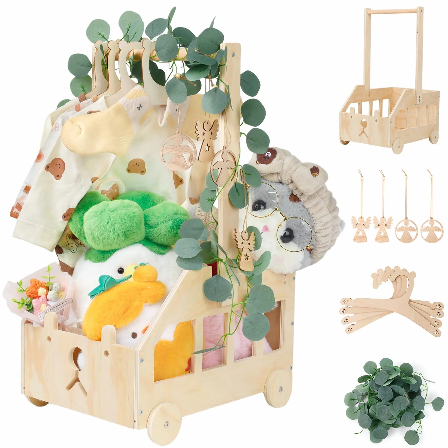Wooden Baby Basket Cesto Baby Shower con Manico Cestino in Legno per Baby Shower con Ruote Cesta Giochi Bambini in Legno Cesto Portagiochi Bambini con Tag e Appendiabiti Cesto Nascita Bimba