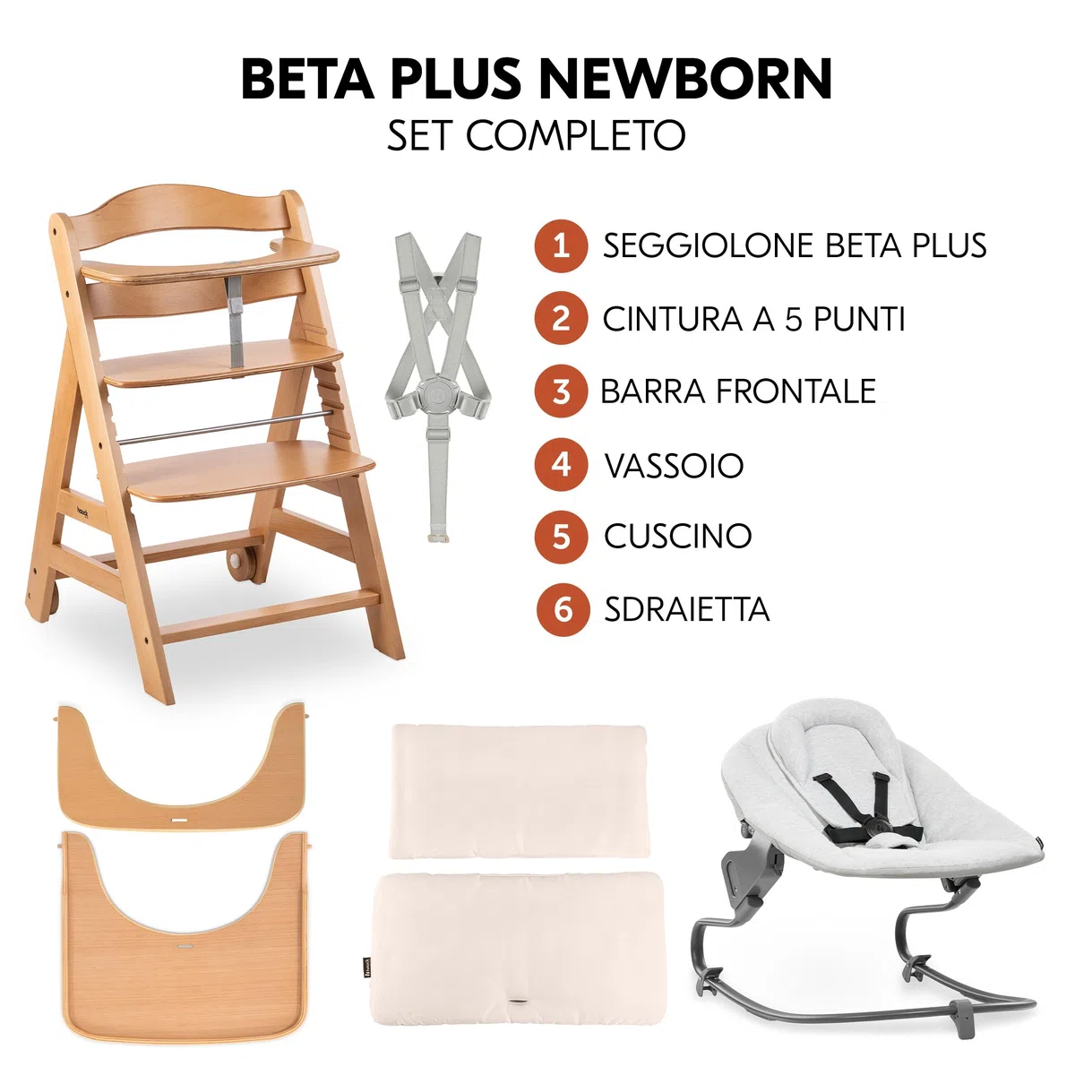 hauck Seggiolone Beta+ Newborn Set Premium da 0 Mesi - Seggiolone Legno Evolutivo, con Sdraietta Neonati (Dondolo Neonati), Cuscino Seduta, Vassoio - (Sdraietta: Grigio chiaro, Naturale)